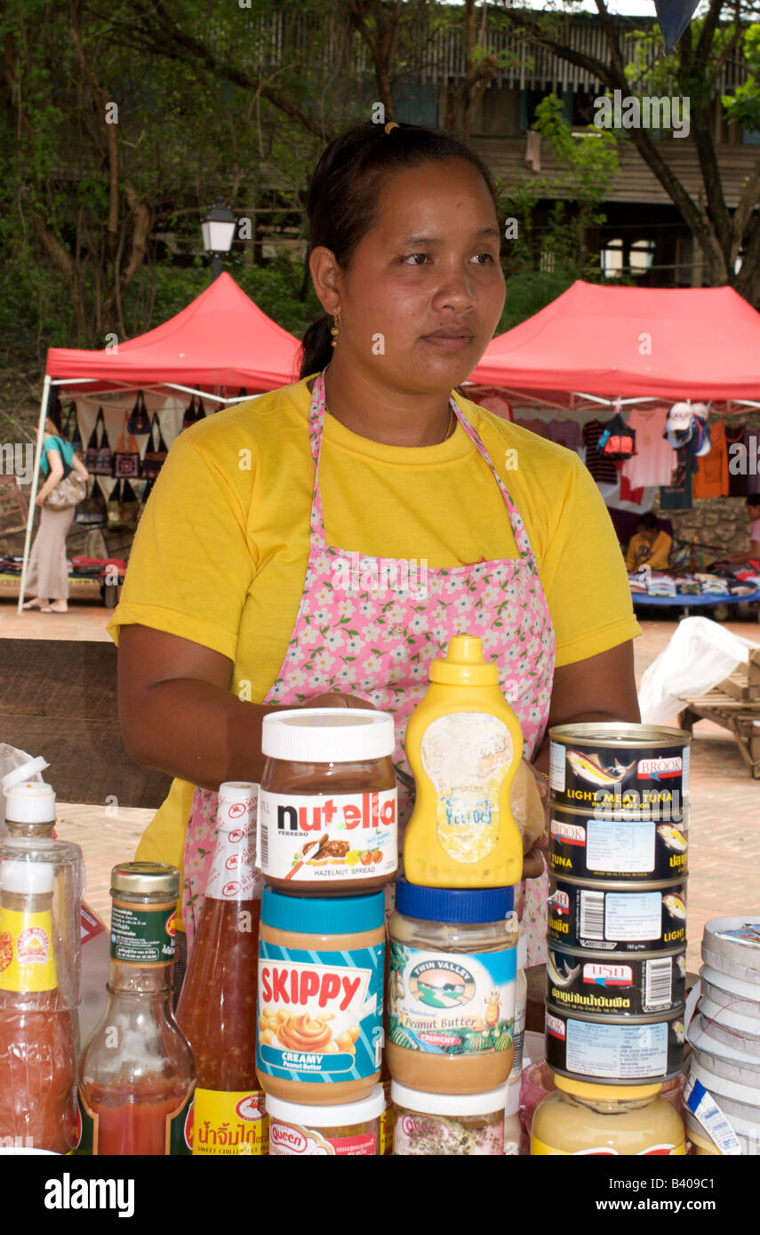 Stall-holder at market in Luang Prabang, Laos Stock Photo