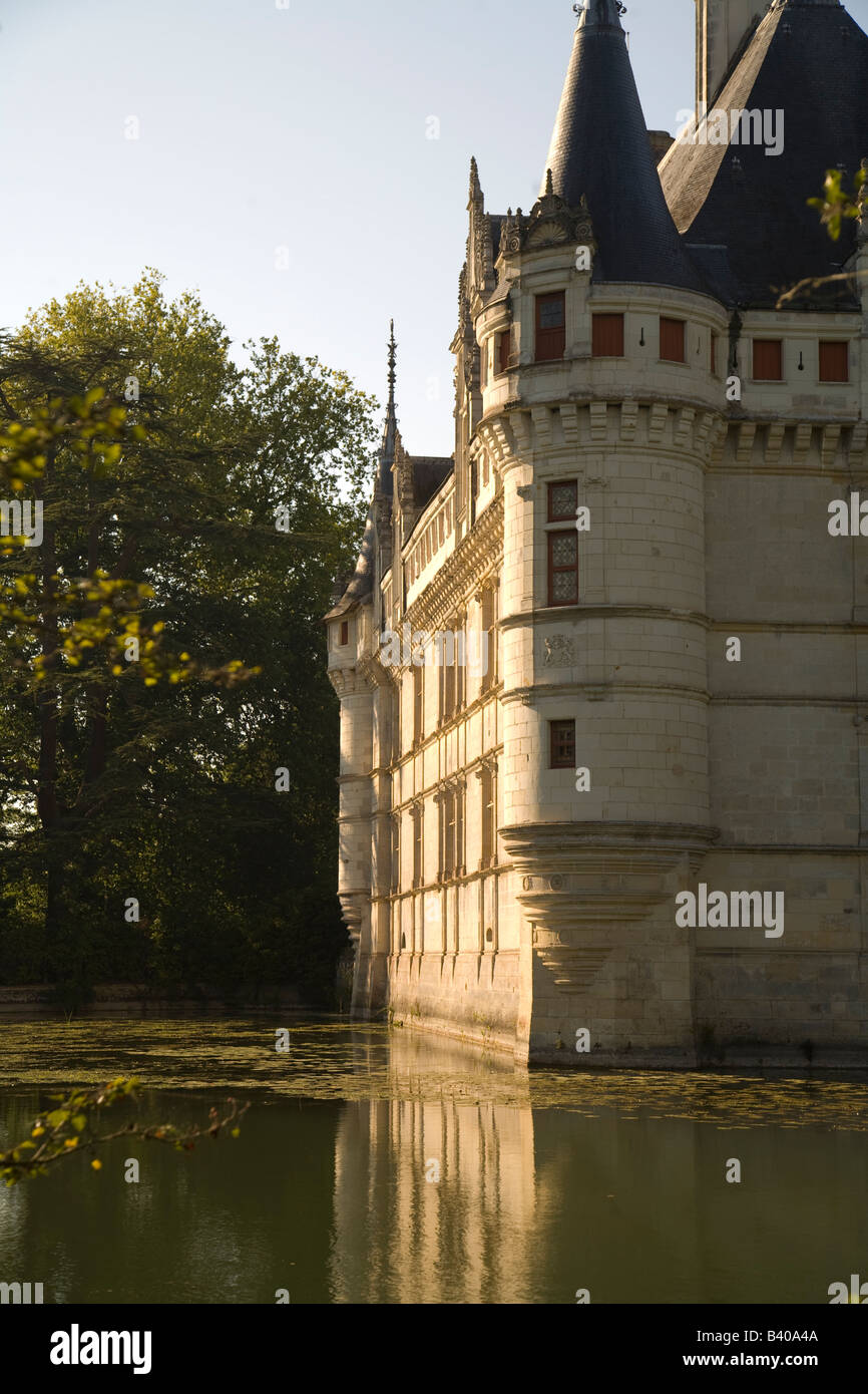 View along the south façade of the Renaissance chateau d’Azay-le-Rideau looking west, in afternoon sunshine, Loire Valley Stock Photo