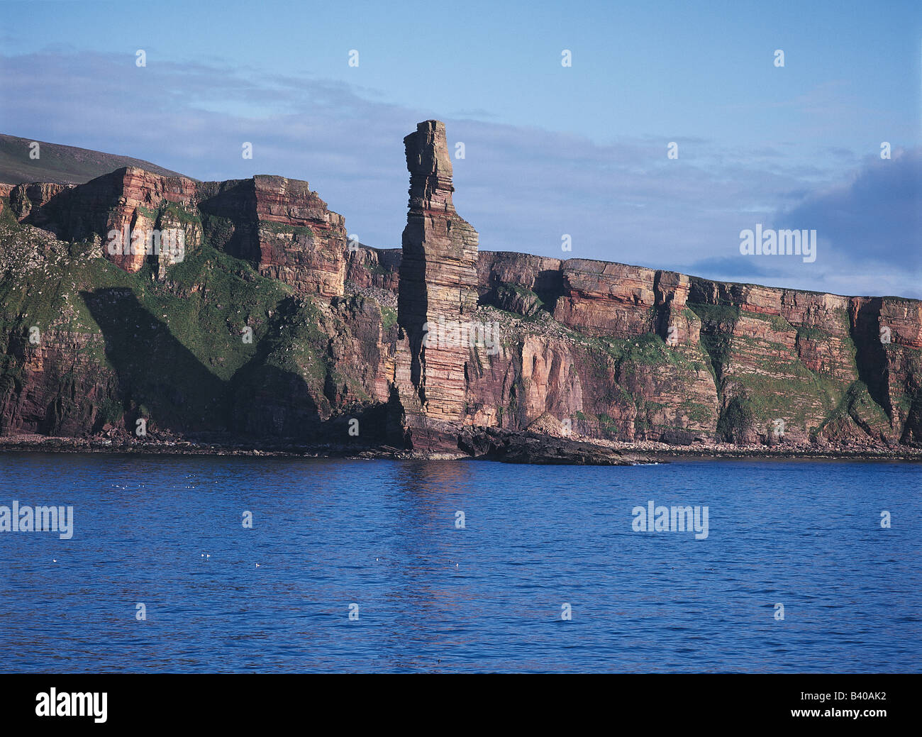 dh Sea stack red sandstone OLD MAN OF HOY ORKNEY Scottish Atlantic seacliffs coast rock rugged Scotland landmark cliffs Stock Photo