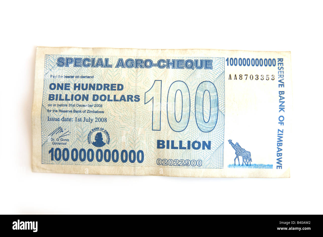 Zimbabwean 100 billion dollar note isolated on a white studio background. Stock Photo