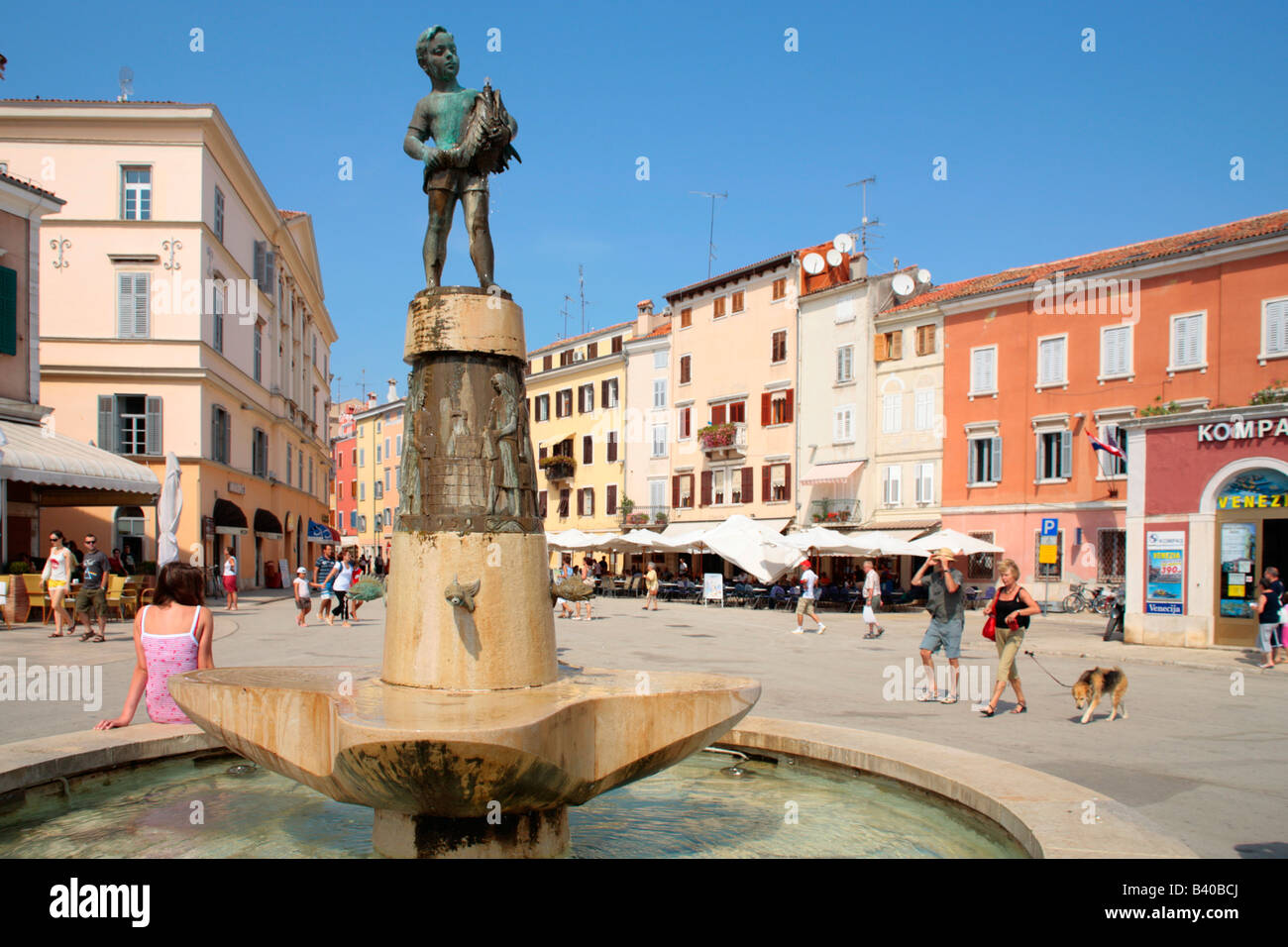 fountain at the main square of Rovinj in Istria, Republic of Croatia, Eastern Europe Stock Photo