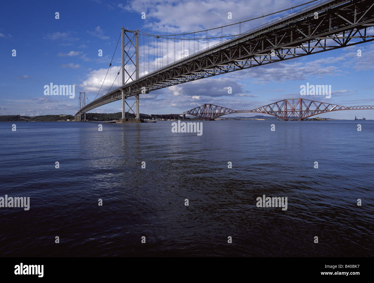 dh Forth Road Bridge FORTH BRIDGE FORTH BRIDGE Firth of forth road and railway bridges river scotland low angle view Stock Photo