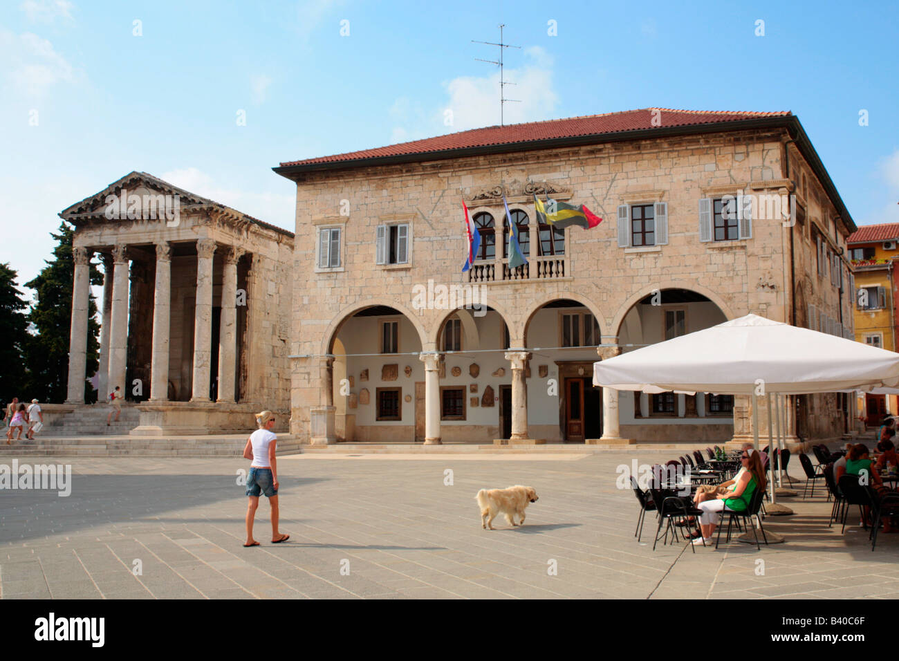 main square with Augustus Temple and town hall in Pula in Istria, Republic of Croatia, Eastern Europe Stock Photo