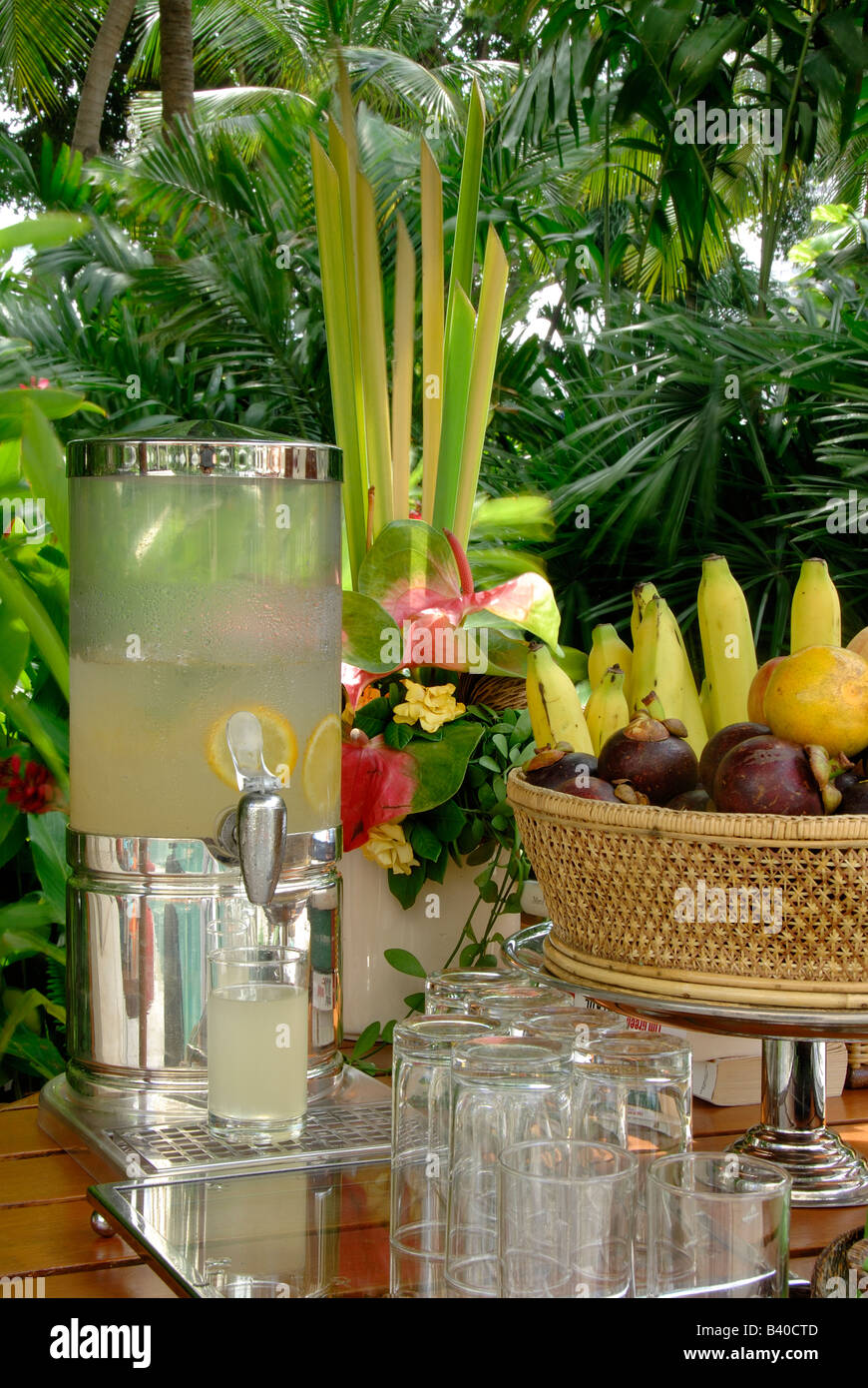 Refreshing homemade lemonade and fresh fruits complementary poolside refreshments Oriental Hotel Bangkok Thailand. Stock Photo