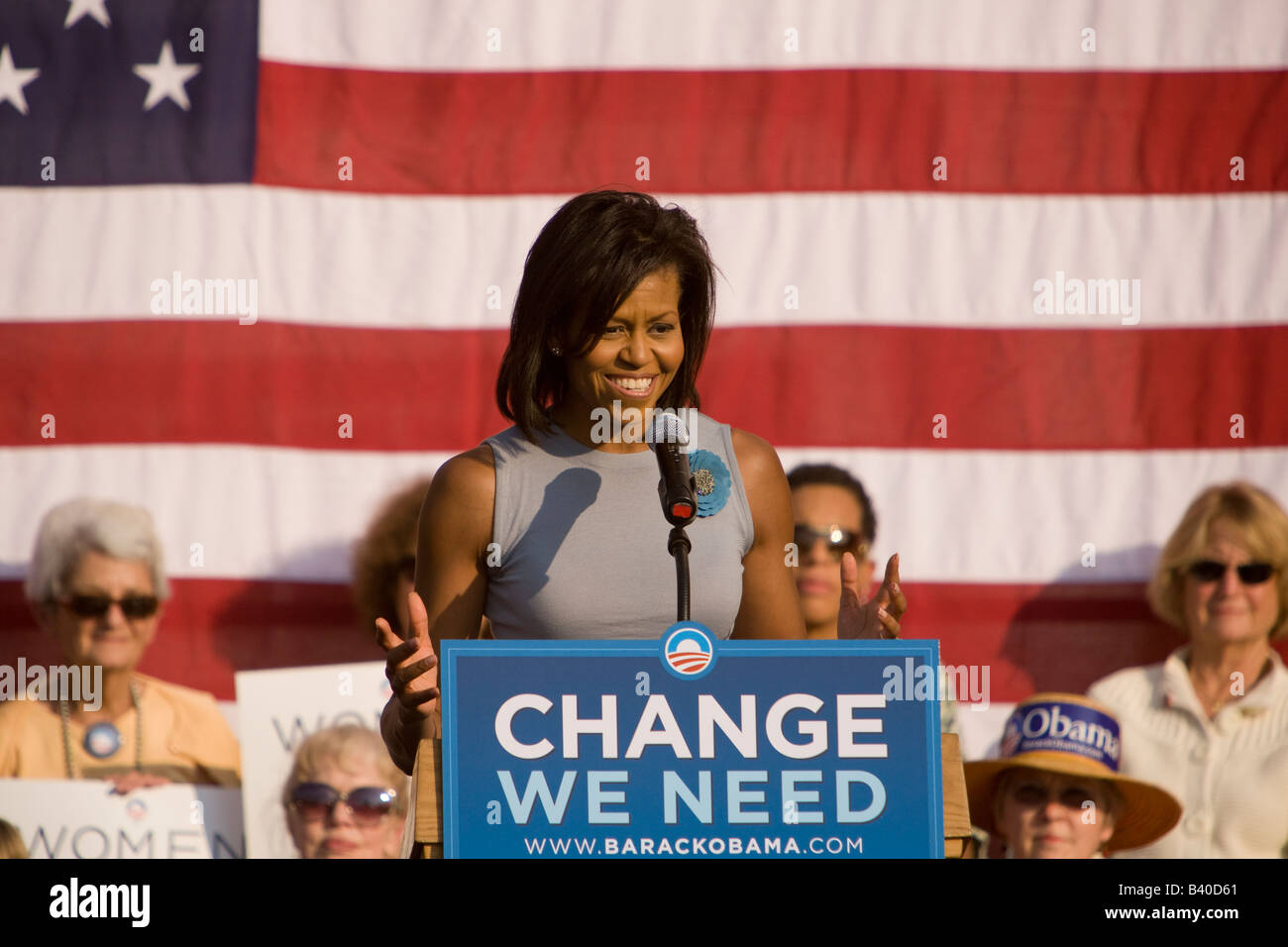 Michelle Obama speaks to supporters at a UVA rally. Stock Photo