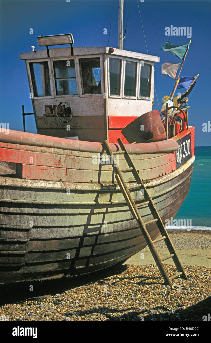 Weathered fishing boat on Hastings beach, East Sussex, UK Stock Photo