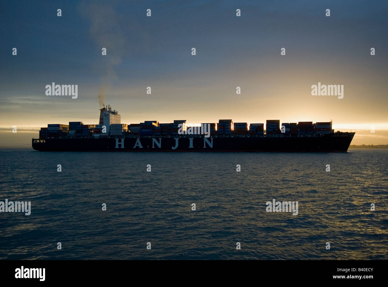 Hanjin Shenzhen container ship, the 75,000 ton vessel was built in 2008 by Hyundai, seen here arriving in Felixstowe Suffolk, UK Stock Photo