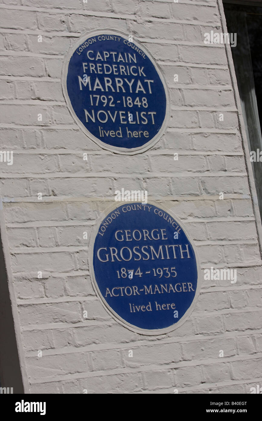 Blue plaques Captain Frederick Marryat, Novelist and George Grossmith, actor-manager. Spanish PLace Westminster London GB UK Stock Photo