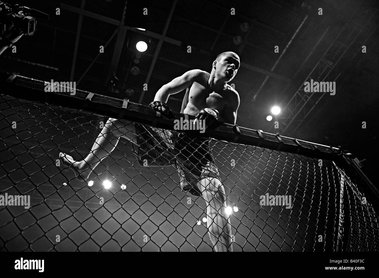 cage fighter celabrates his victory in the cage Stock Photo