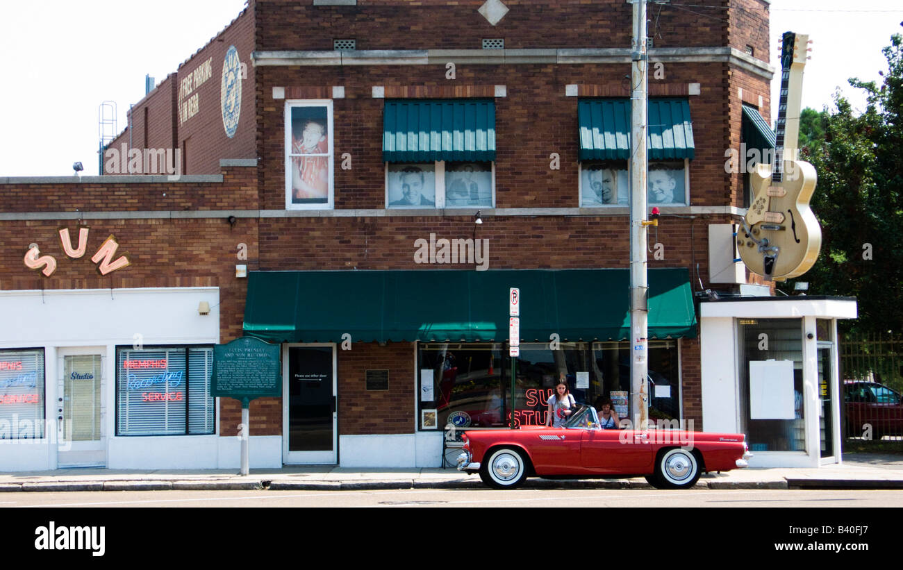 Red Ford Thunderbird outside Sun Studio with Gibson guitar motif Memphis Tennessee Stock Photo