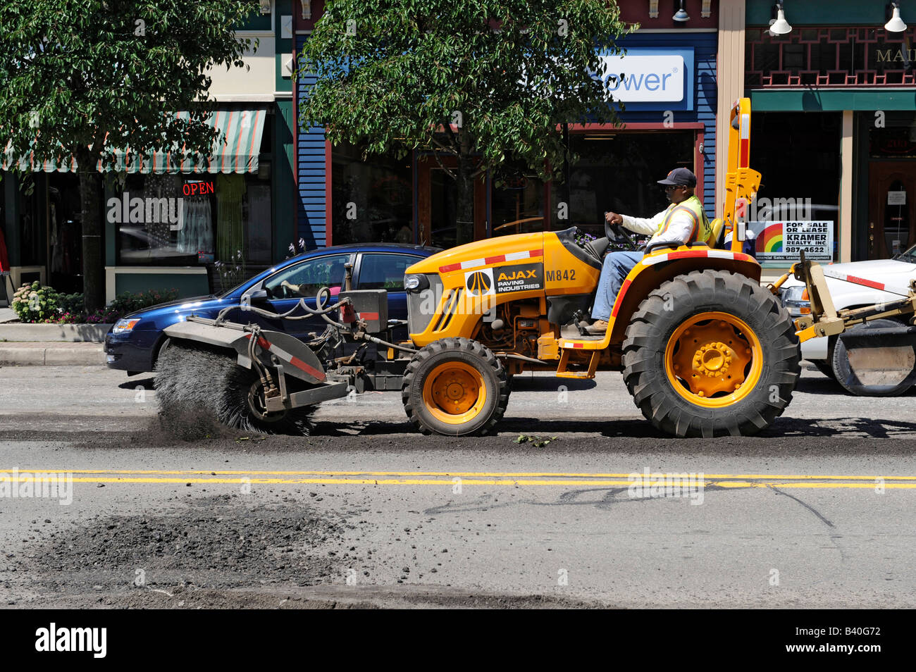 Road asphalt reconstruction using heavy equipment Stock Photo