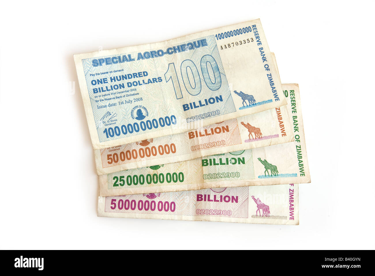 Billions of Zimbabwe dollars, Notes isolated on a white studio background. Stock Photo