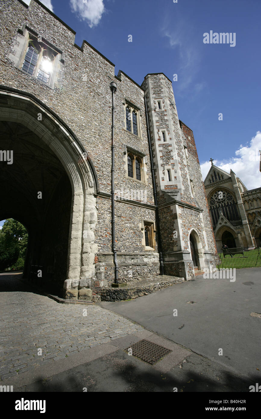 City of St Albans, England. The Abbey Gateway and west façade of the Anglican Cathedral and Abbey Church of St Albans. Stock Photo