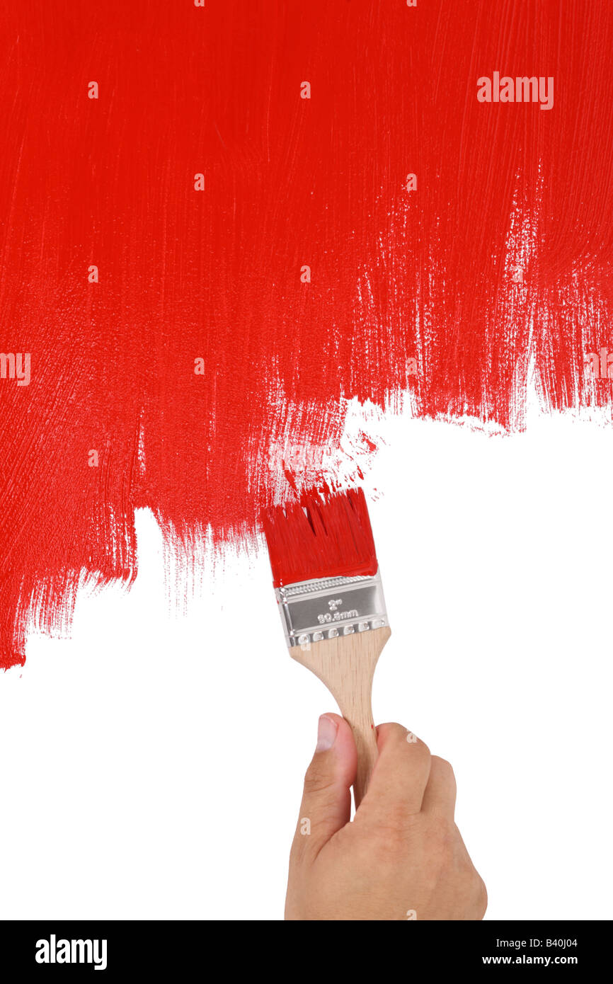 Hand painting with red paint cut out isolated on white background Stock Photo