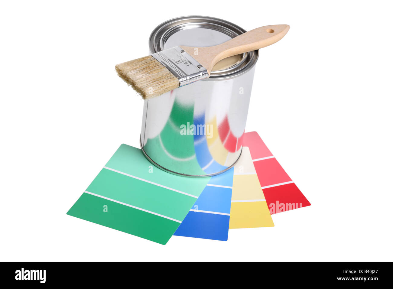 Paintbrush paint can and color swatches cut out isolated on white background Stock Photo