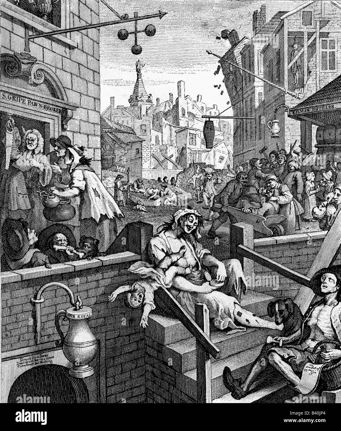 alcohol, alcoholism, 'Gin Lane', caricature by William , Stock Photo