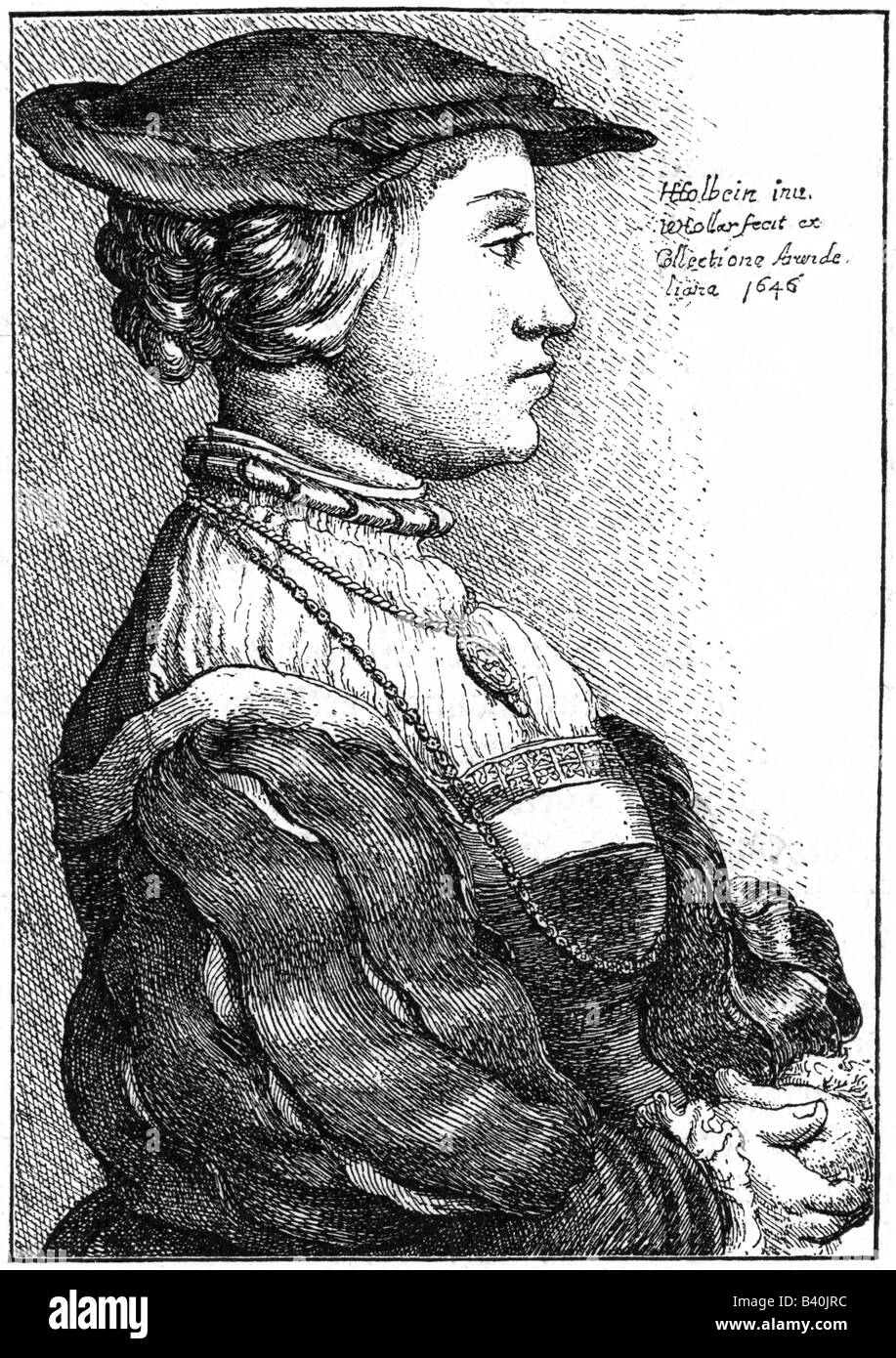 Anne of Cleves, 22.9.1515 - 16.7.1557, Queen Consort of England 6.1.1540 - 9.7.1540, half length, etching by Wenceslaus Hollar, 1646, after Hans Holbein the Younger, circa 1540, , Stock Photo