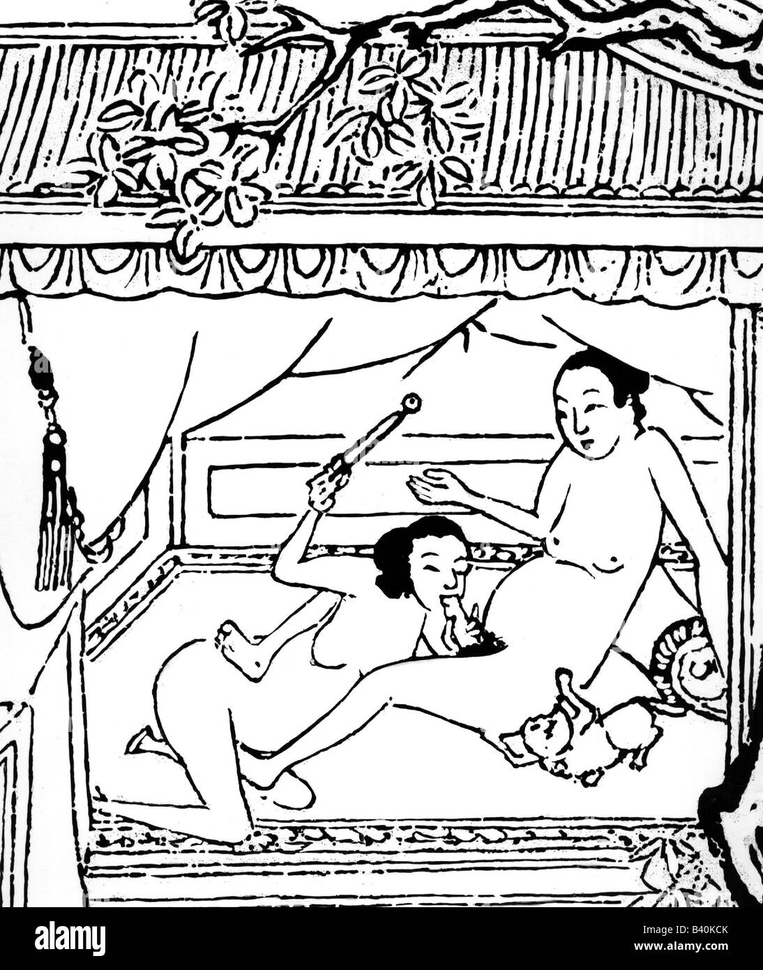erotic, China, man and woman during fellatio, woodcut to the novel King Ping Mei, Asia, historic, historical, oral sex, sexual, intimacy, people, women, female, men, male Stock Photo