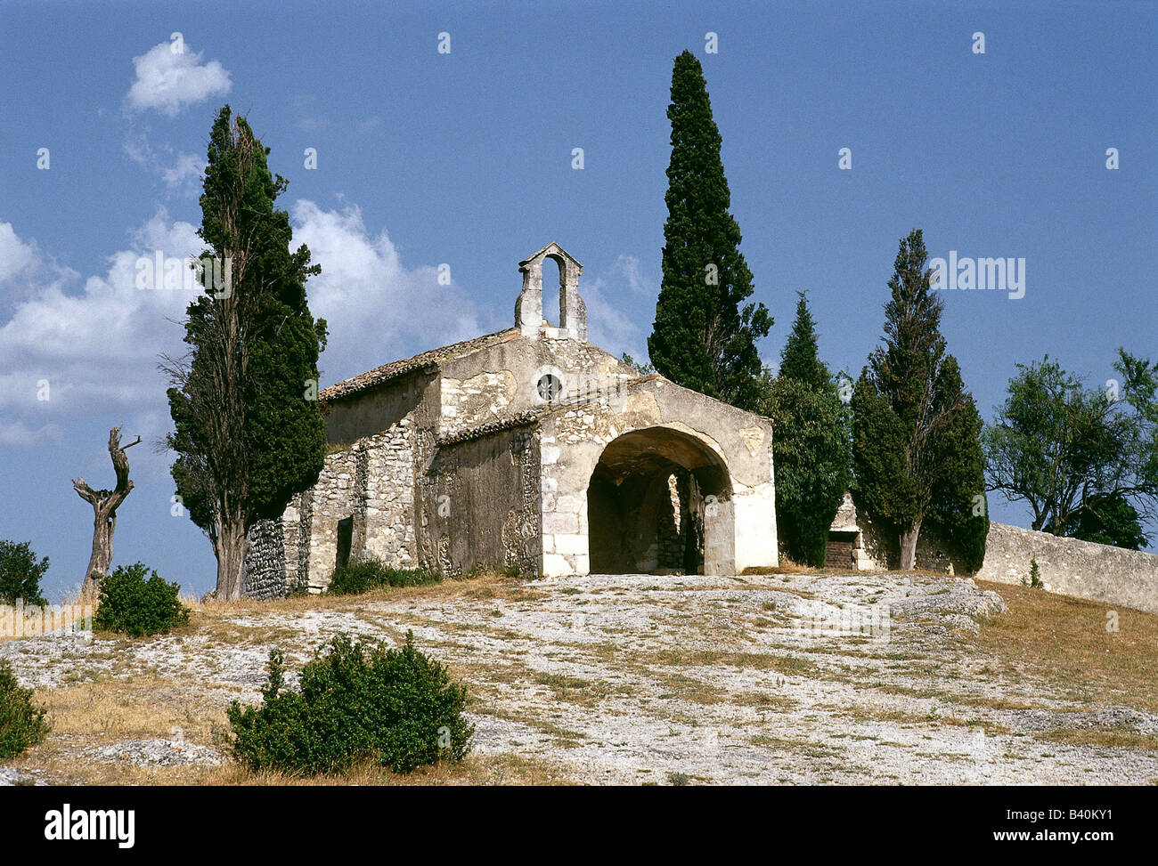 geography / travel, France, Eygalieres, Chapelle St. Sixte, chapel from 12th century, cypresses, cupressus sempervirens, cypress Stock Photo