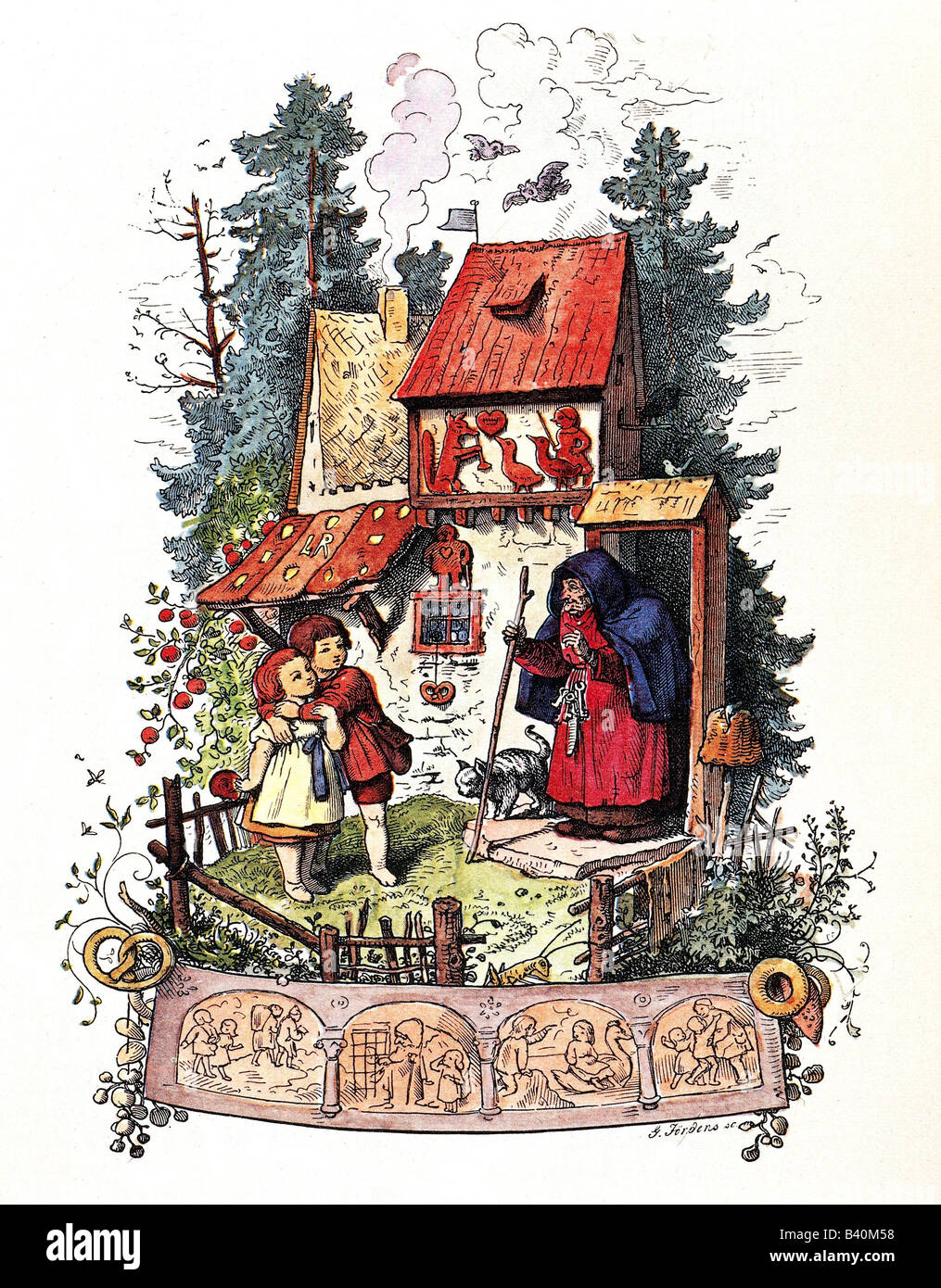 literature, 'Hänsel und Gretel', fairy tale of brothers Grimm, woodcut by Ludwig Richter, Stock Photo