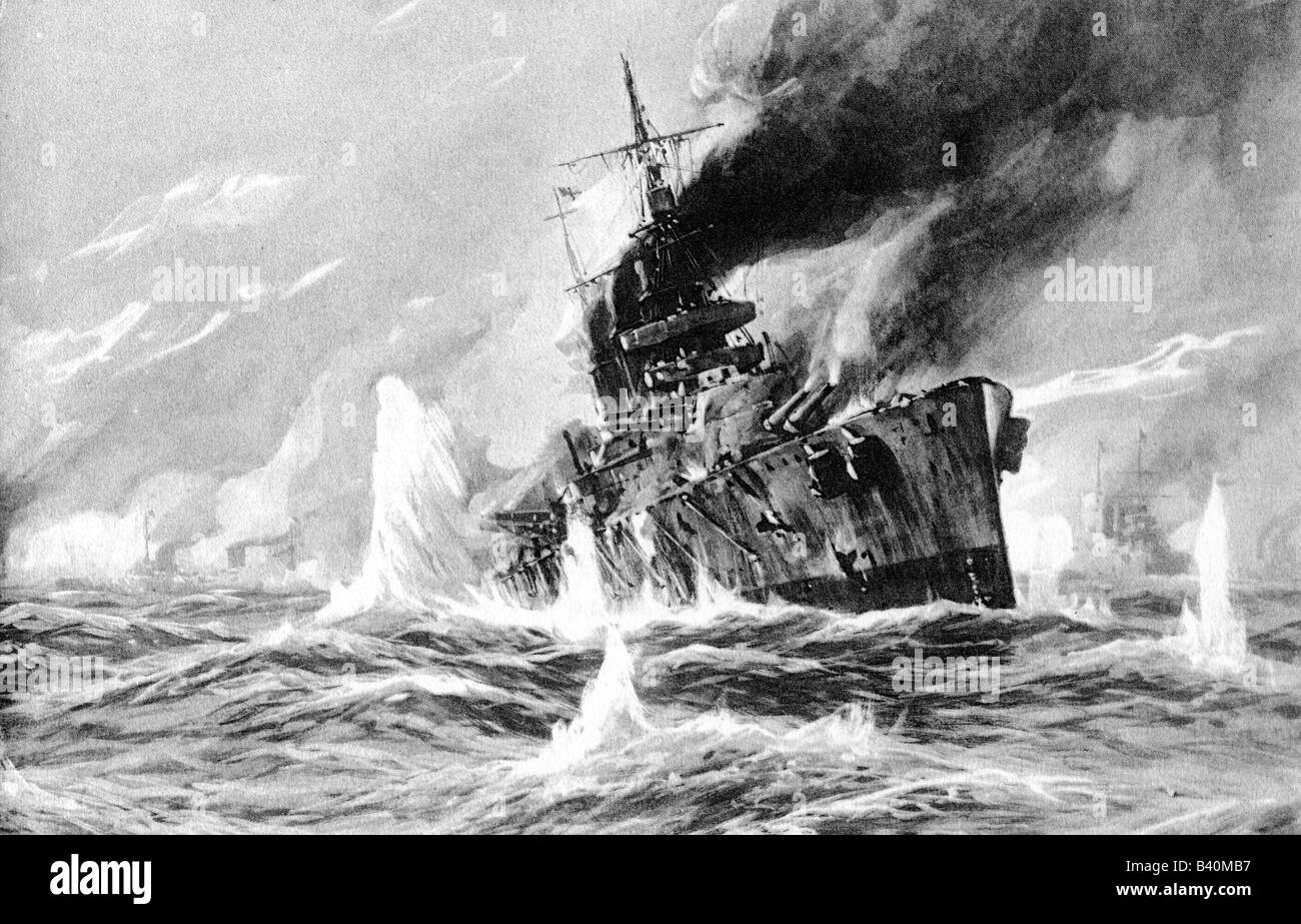 events, First World War / WWI, naval warfare, Battle of  Dogger Bank, 24.1.1915, British battlecruiser is hit, postcard, drawing by Willy Stoewer (1864 - 1931), Germany circa 1915, Stock Photo