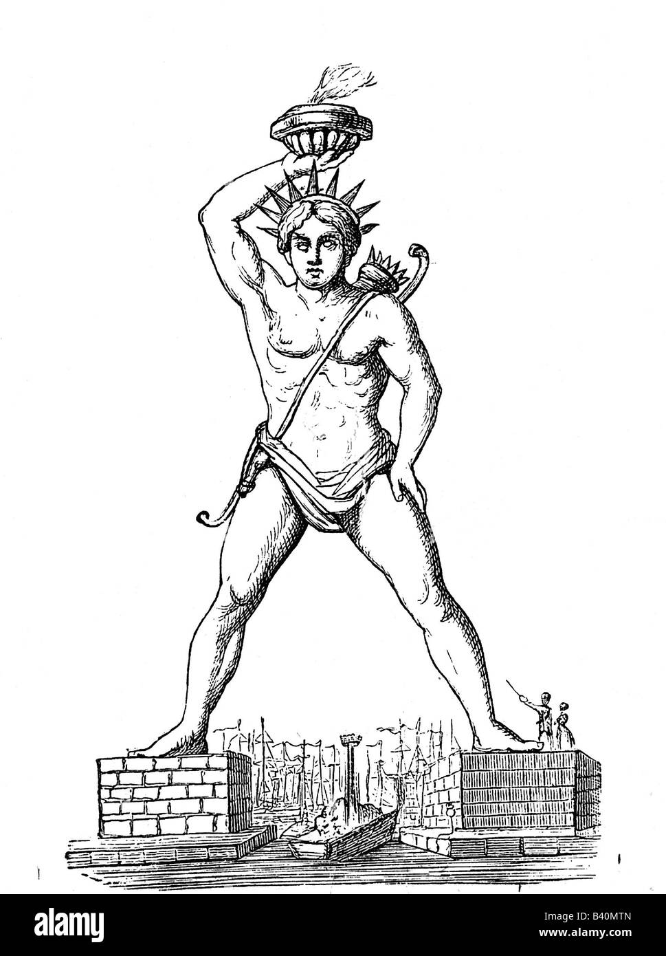 ancient world, wonder of the world, Colossus of Rhodes, statue of Helios, reconstruction, engraving, 19th century, bow and arrow, fire, sun-god, sun god, mythology, Greece, Greek, historical, historic, portal, port entrance, gate, giant, one of the Seven Wonders of the World, ancient world, people, Stock Photo
