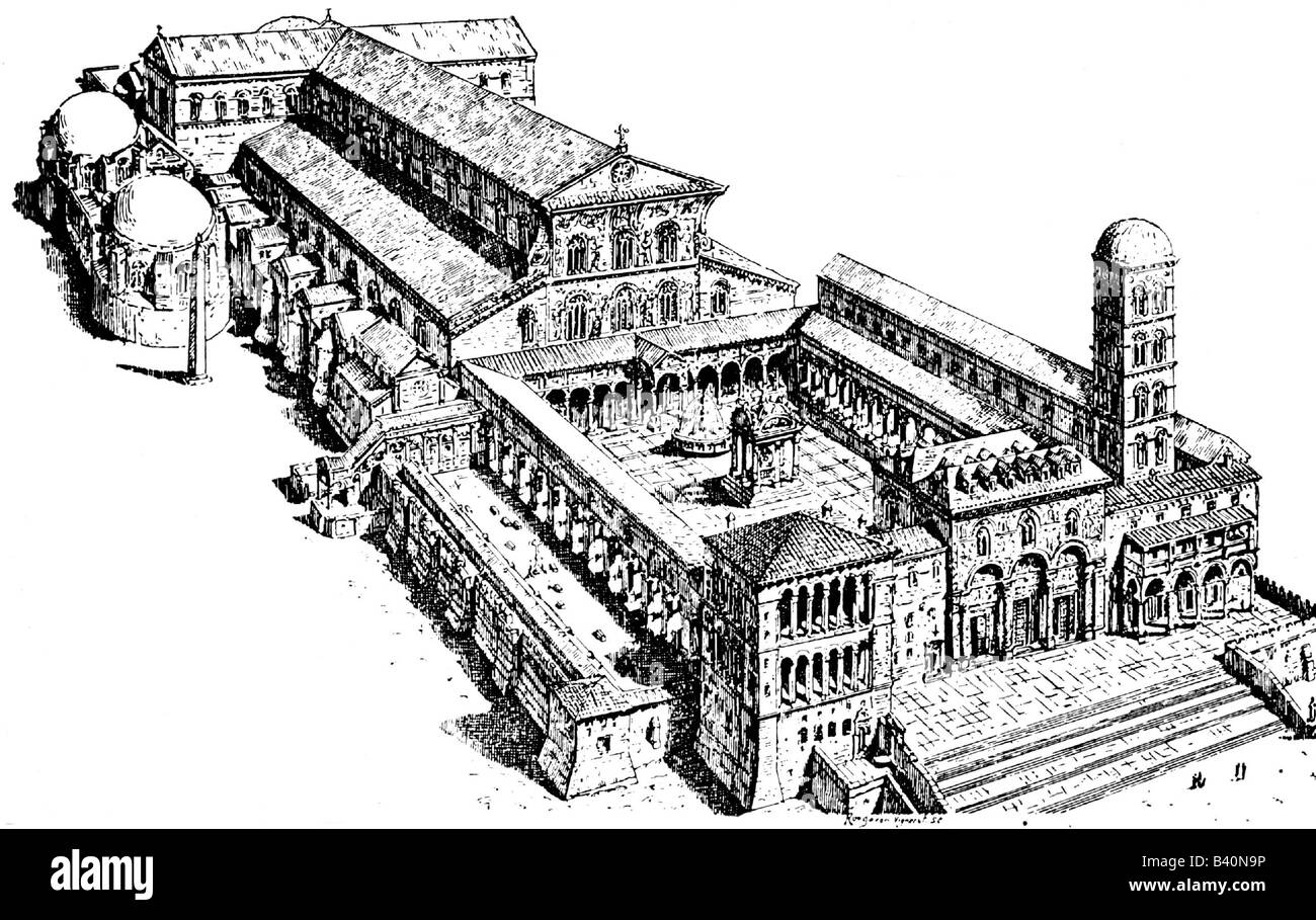 geography / travel, Italy, Rome, churches, Basilica St. Peter in middel ages, late reconstruction, engraving circa 19th century, Europe, religion, Christianity, Christendom, Catholic, papacy, Vatican, architecture, historic, historical, cathedral Saint Peter, Peter's, Sankt, architecture, building, San Pietro in Vaticano, church of holy sepulchre, UNESCO World Heritage Site, people, ancient world, middle ages, Stock Photo