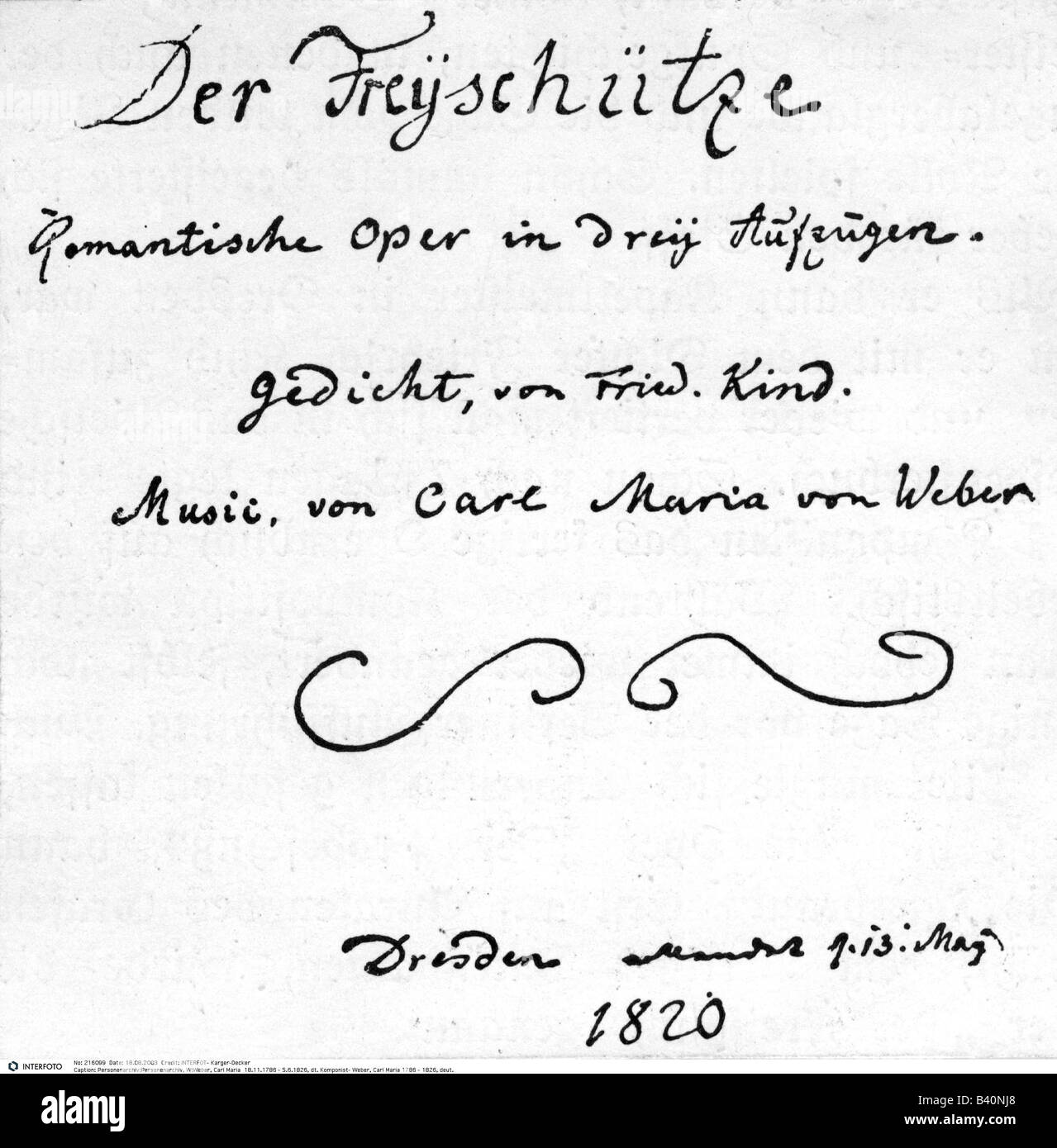 Weber, Carl Maria von, 18.11.1786 - 5.6.1826, German composer, opera 'Der Freischuetz', premiere 18.6.1821, Theater note, 1820, Stock Photo