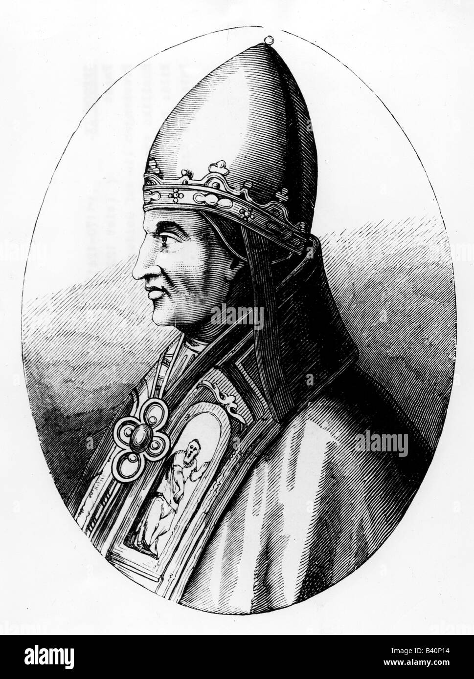 Gregory IX (Ugolino Count  Segni), circa 1170 - 21.8.1241, Pope 19.3.1227 - 21.8.1241, portrait, side view, engraving, 19th century, after fresco, San Paolo, Rome, Italian, crown, tiara, middle ages, 13th century, , Stock Photo