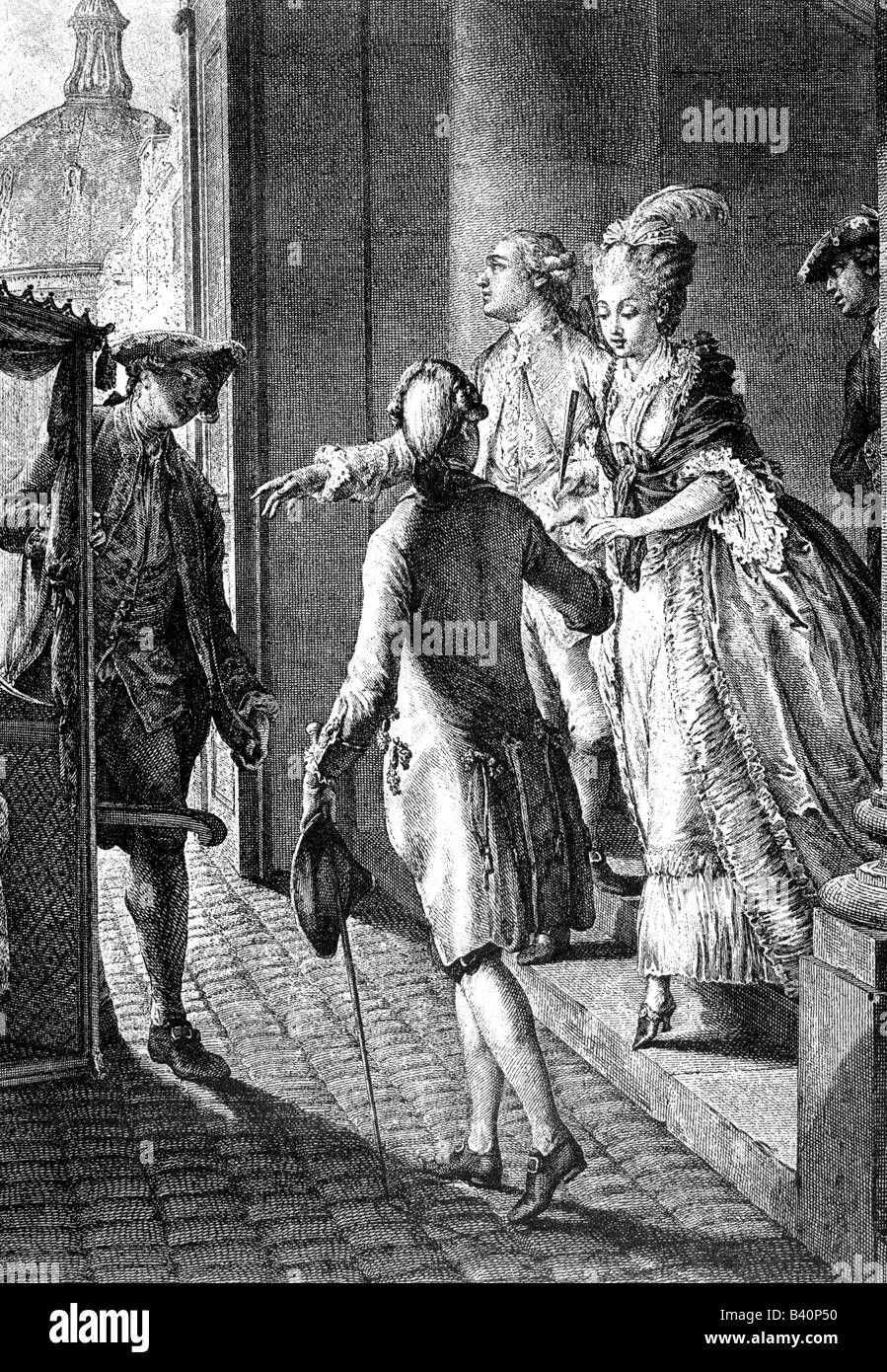 fashion, 18th century, France, 'The Precautions', copper engraving by Nicholas De Launay after Jean Michel Moreaeu le Jeaune, circa 1775, , Stock Photo
