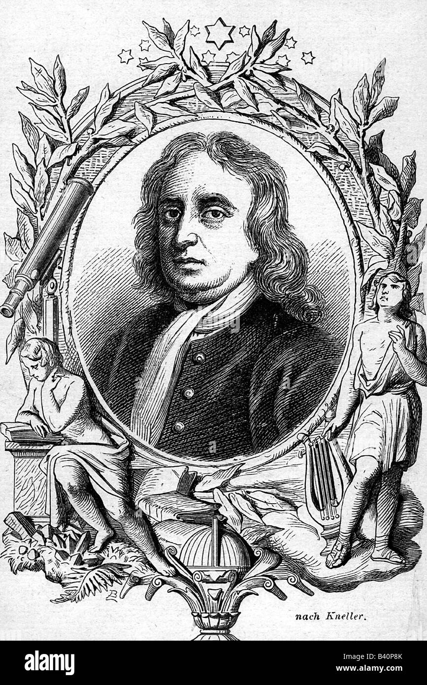 Newton, Isaac Sir, 5.1.1643 - 31.3.1727, British physicist, portrait, engraving, 19th century, mathematician, philosopher, astronomer,  early modern times, Stock Photo