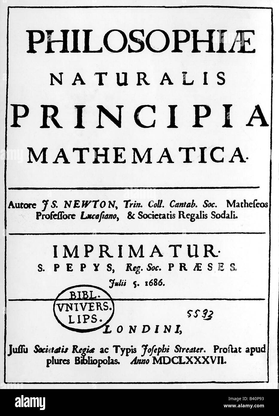 Newton, Isaac Sir, 5.1.1643 - 31.3.1727, British physicist, title of book 'Philosophiae naturalis principa mathematica', 1st edition of 1687, Stock Photo