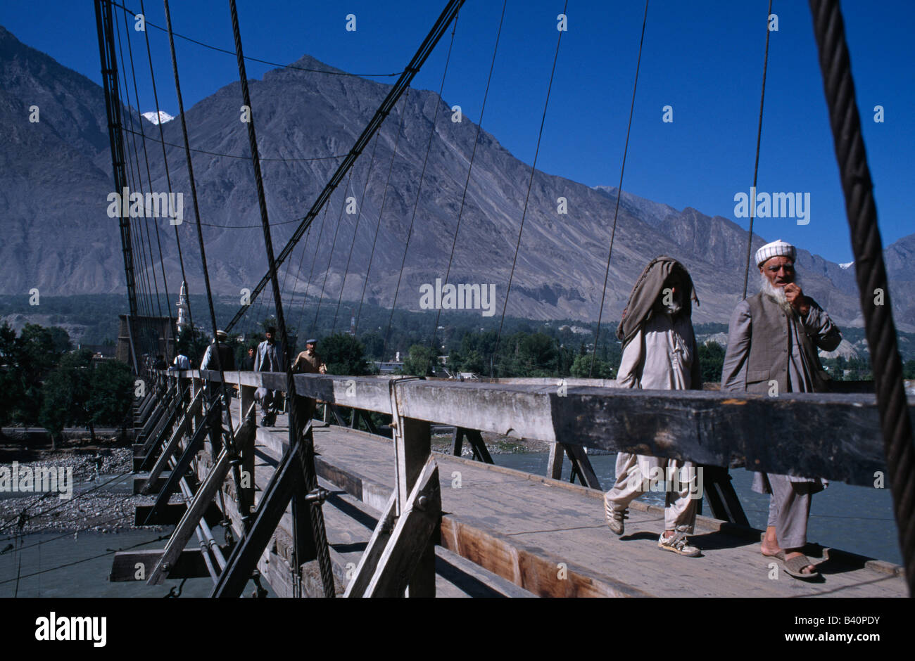 Gilgit suspension bridge, Gilgit, Pakistan. Spanning 600ft, it is the