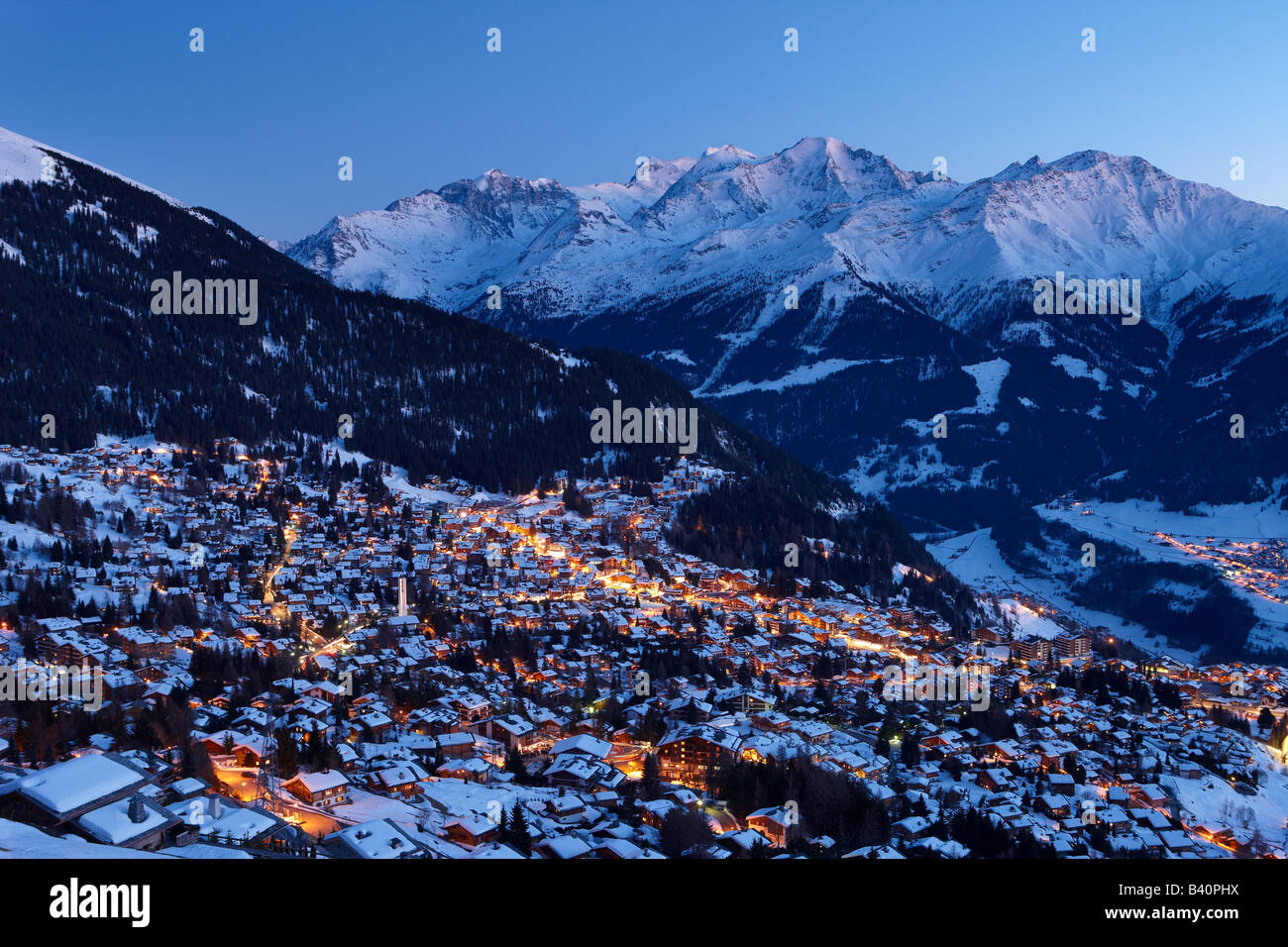 Verbier in winter at dusk, the 4 Valleys region, Switzerland Stock Photo