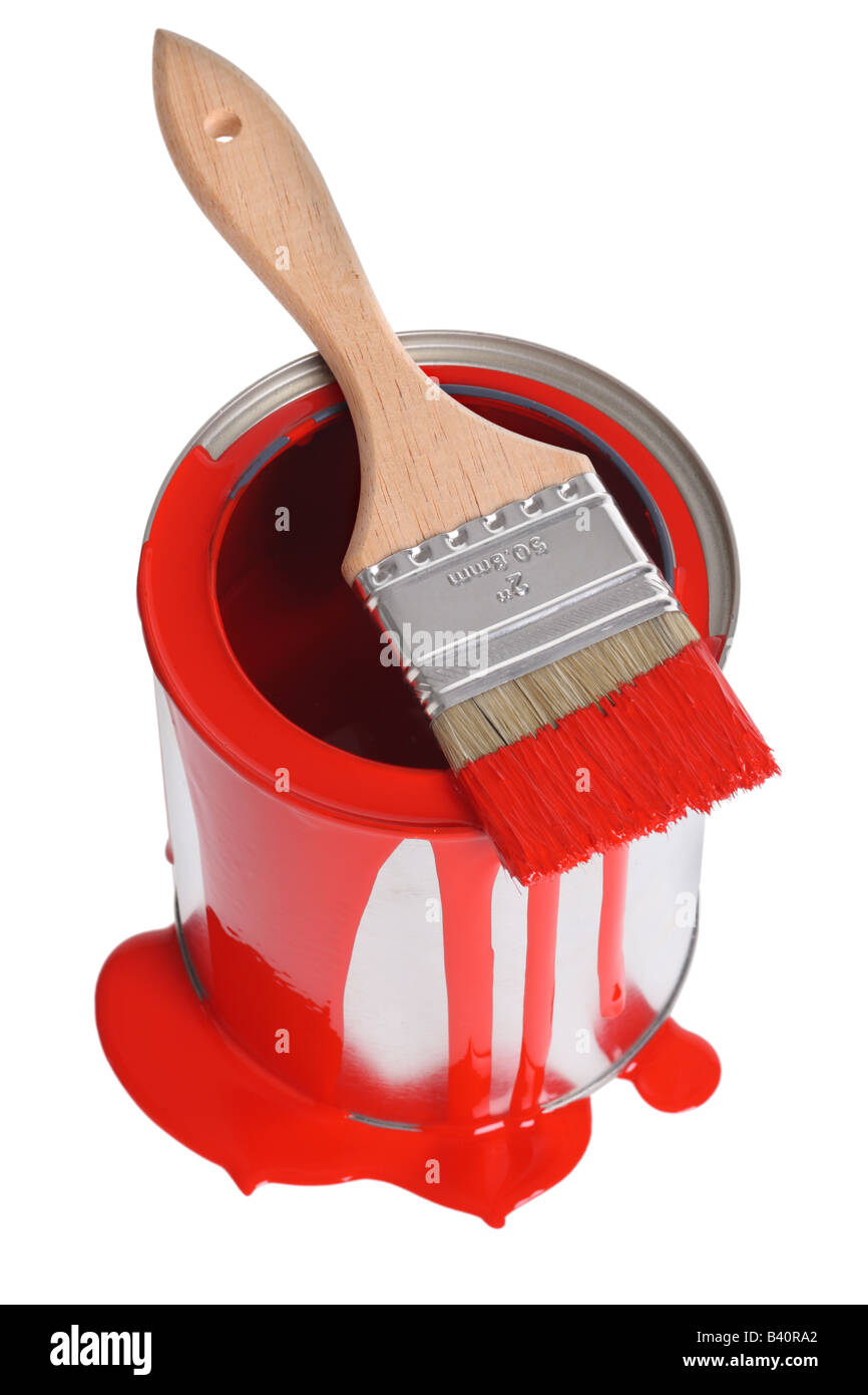 Can of red paint and paint brush cut out isolated on white background