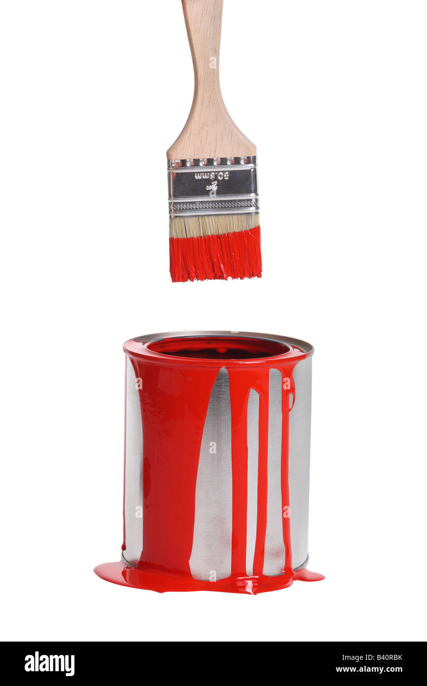 Can of red paint and paint brush cut out isolated on white background Stock Photo