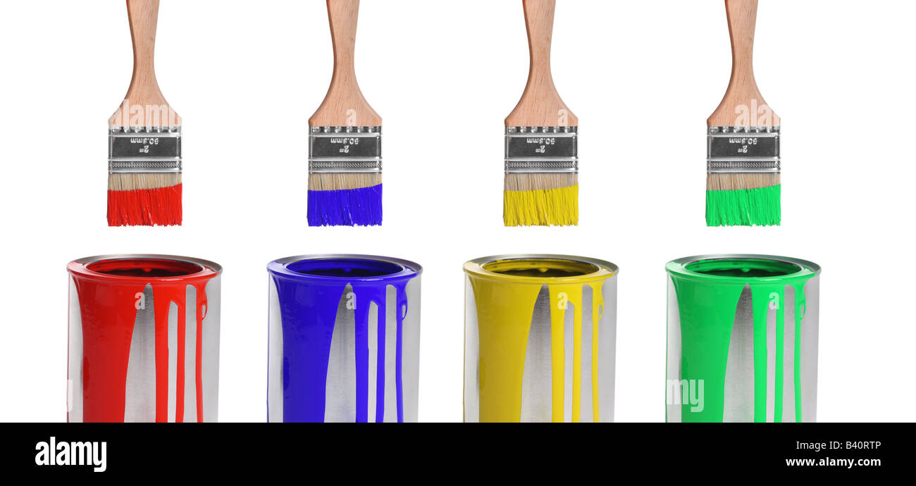 Various colors of paintbrushes and paint cans cut out isolated on white background Stock Photo