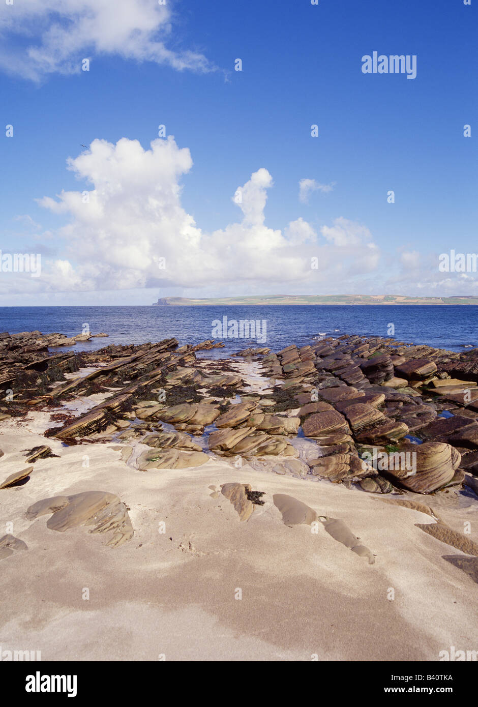 dh Selwick HOY ORKNEY Rocky coast beach Hoy Sound scottish blue sky sea island Scotland Stock Photo