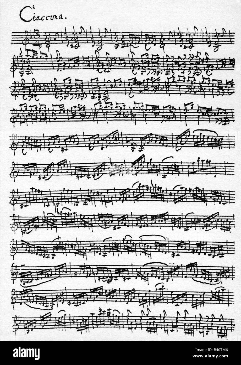 Bach, Johann Sebastian 21.3.1685 - 28.7.1750. German composer, 'Ciaccona' for Violin solo, music sheet, 1. page, Stock Photo