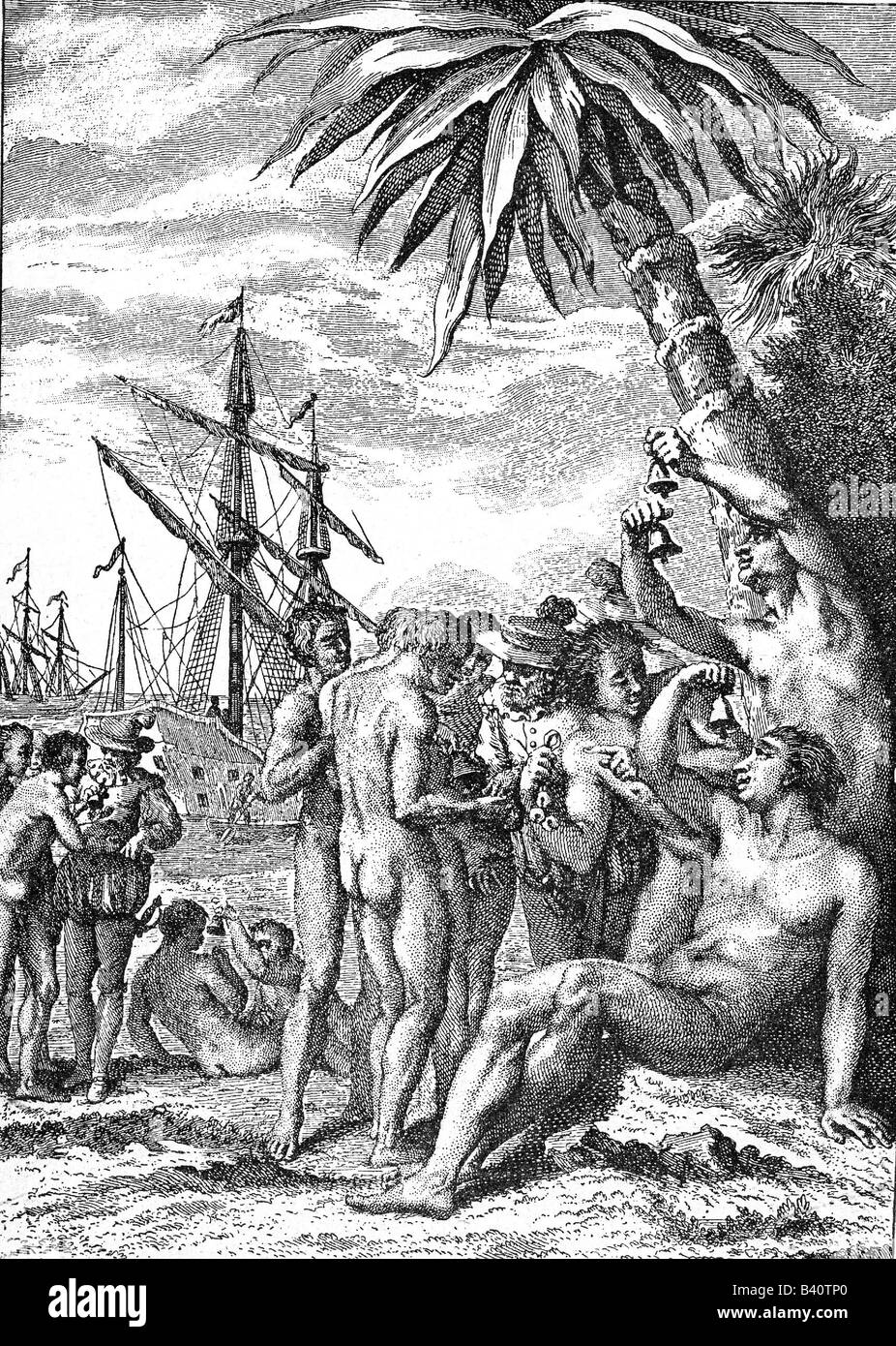 Columbus, Christopher, 1451 - 20.5.1506, Italian explorer, scene, meeting Indians, engraving, 18th century, Artist's Copyright has not to be cleared Stock Photo