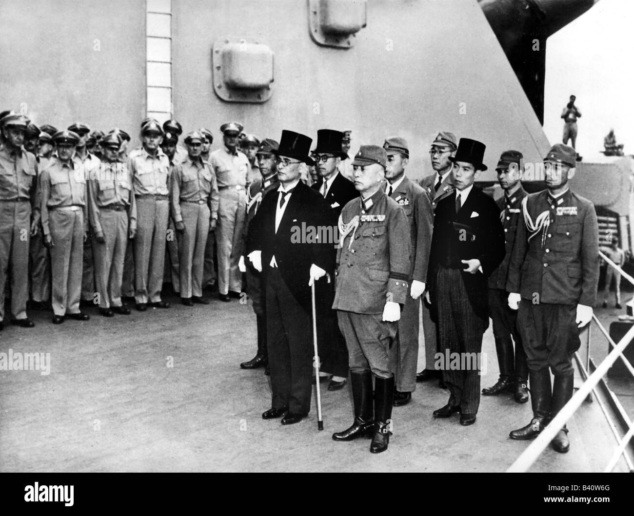 events, Second World War / WWII, capitulation, Japanese delegation on board of the 'USS Missouri', Tokyo Bay, 2.9.1945, Stock Photo