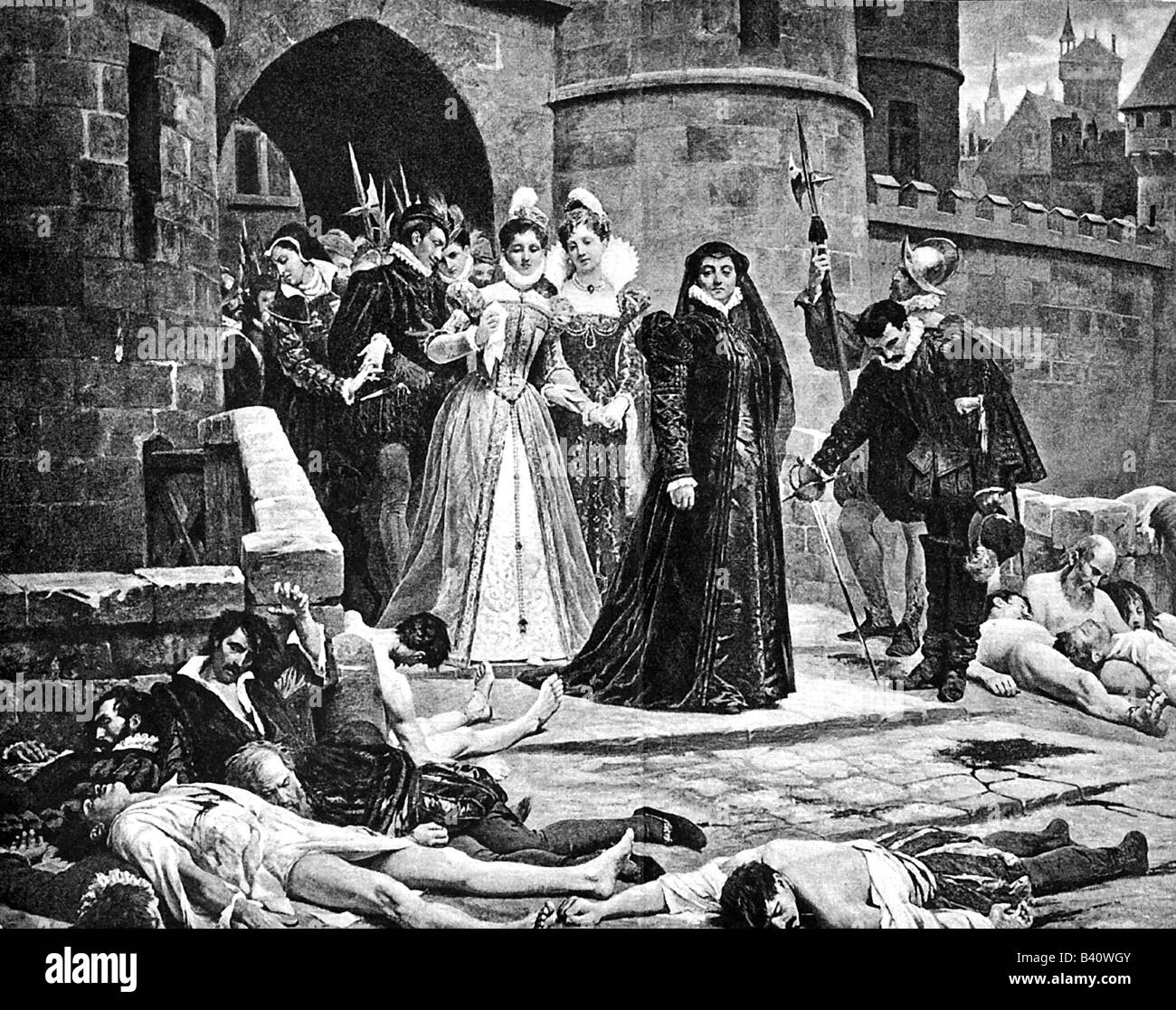 Catherine di Medici, 13.4.1519 - 5.1.1589, Queen of France 31.3.1547 - 10.7.1559, looks at victims of St. Bartholomew's Day Massacre, Paris 24.8.1572, historical picture, engraving after painting by E. Debat-Ponsan, 19th century, Stock Photo