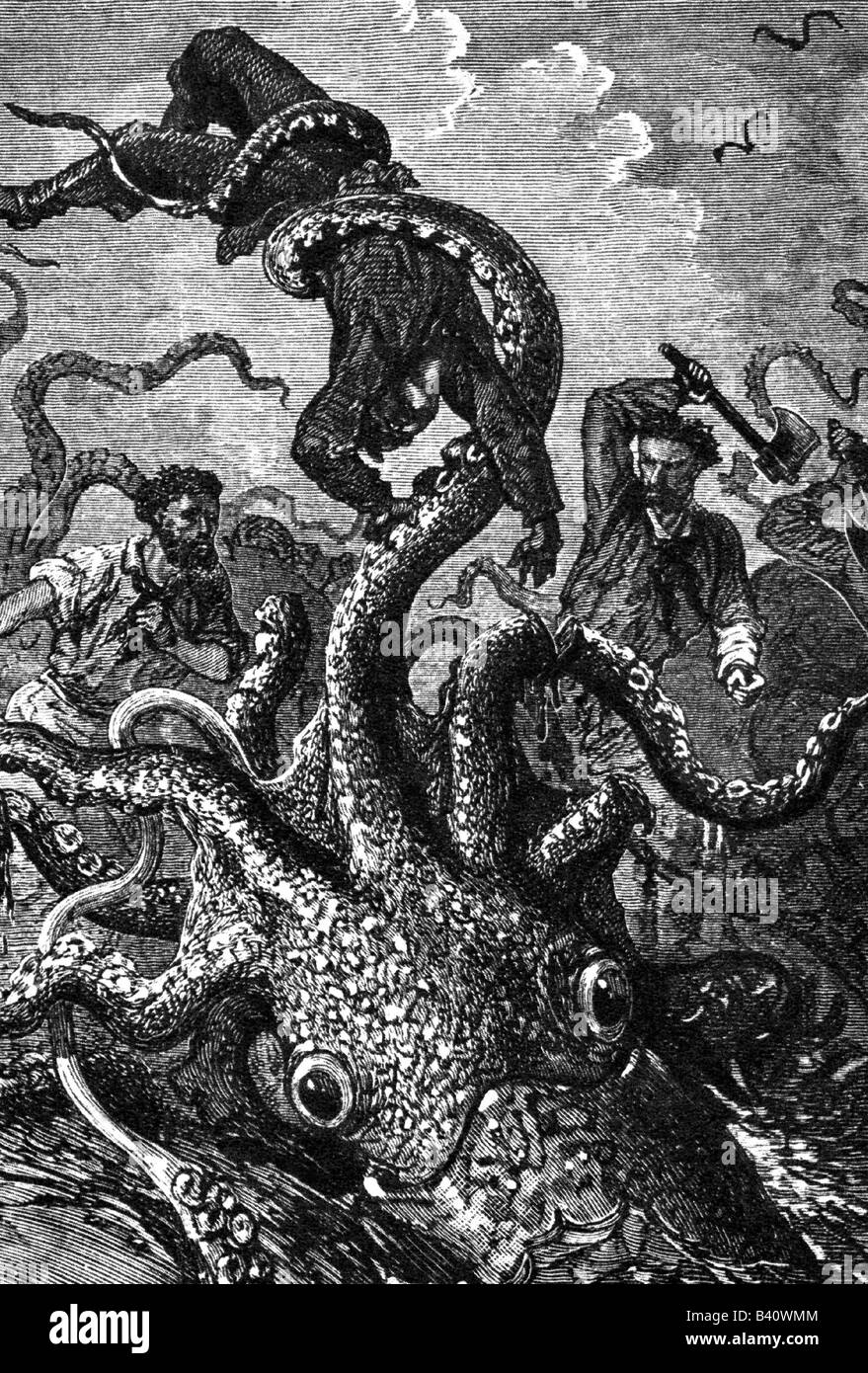 Verne, Jules, 8.2.1828 - 24.3.1905, French author / writer, work, 'Twenty Thousand Leagues Under the Sea', 1870, illustration, Fighting a giant squid, wood engraving, 19th century, , Stock Photo