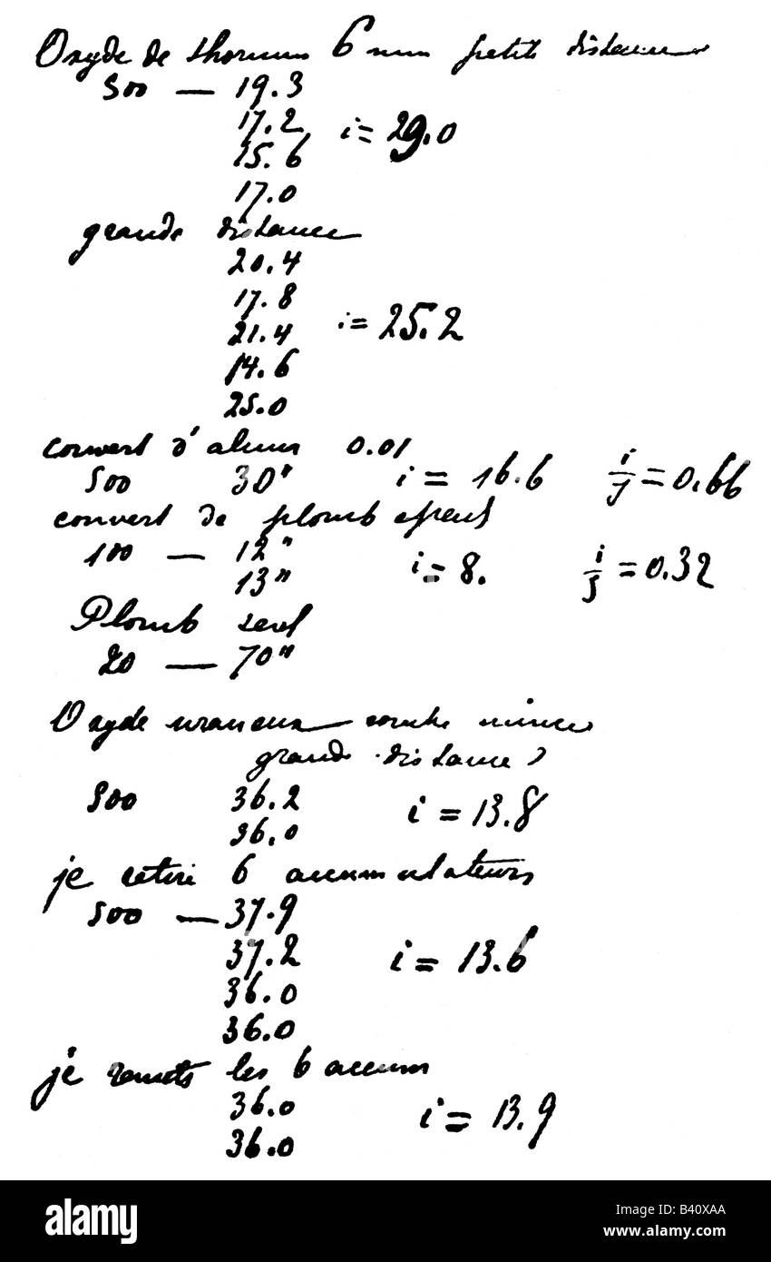 Curie, Marie, 7.11.1867 - 4.7.1934, French chemist and physicist, notes, handwriting, , Stock Photo