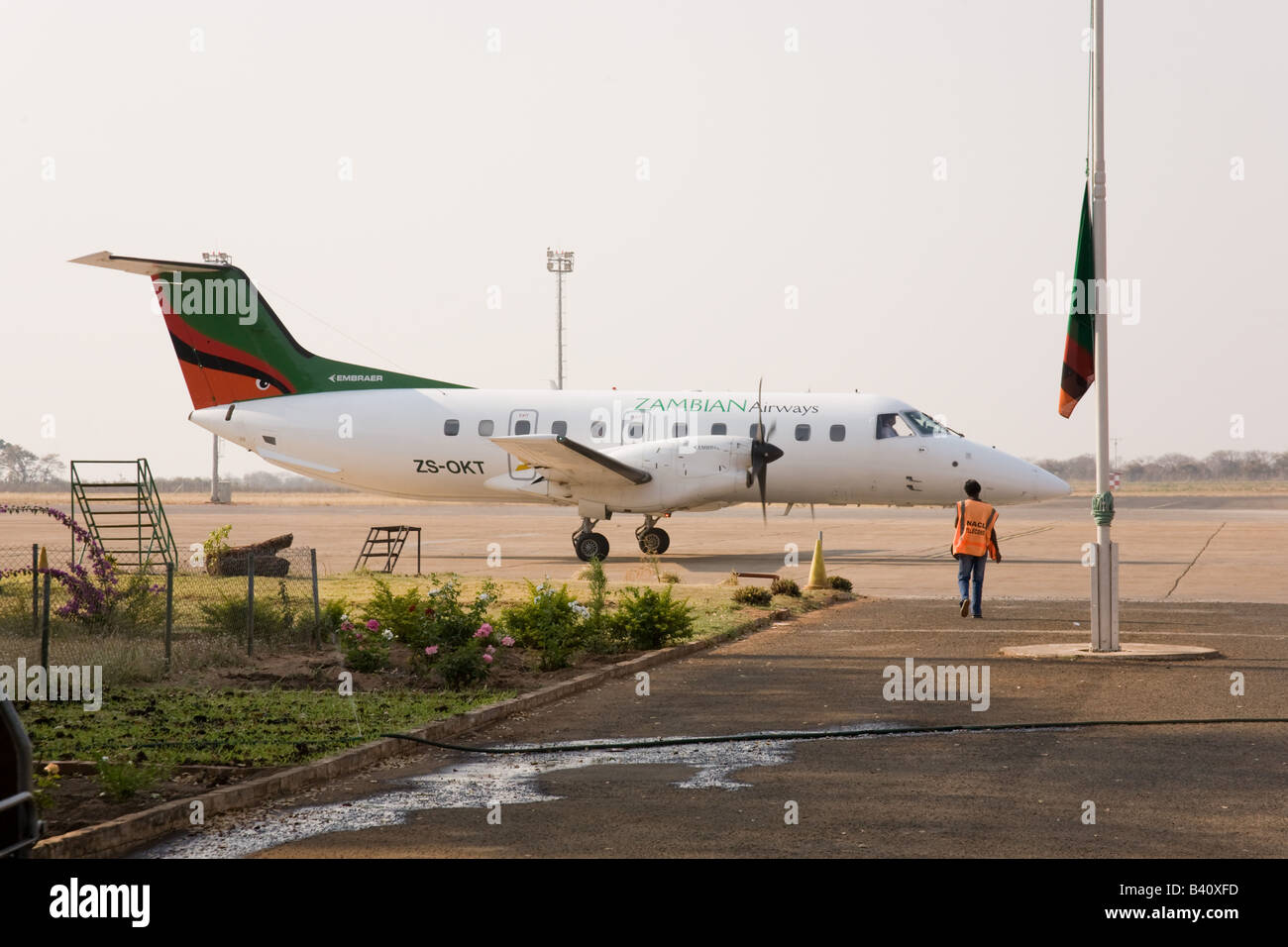 Zambian airways plane on the runway at Livingstone airport flying to Lusaka Zambia Africa Stock Photo