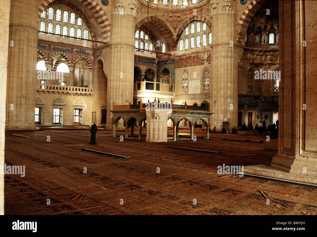 geography / travel, Turkey, Edirne, Selimiye Mosque, built 1569 - 1575 AD under sultan Selim II., architect: Sinan the great, interior view, Ottoman empire, Thrace, Rumelia, religion, Islam, carpet, Islamic architecture, pylon, marble, historical, historic, ancient, 16th century, sixteenth,  people, 20th century, Stock Photo