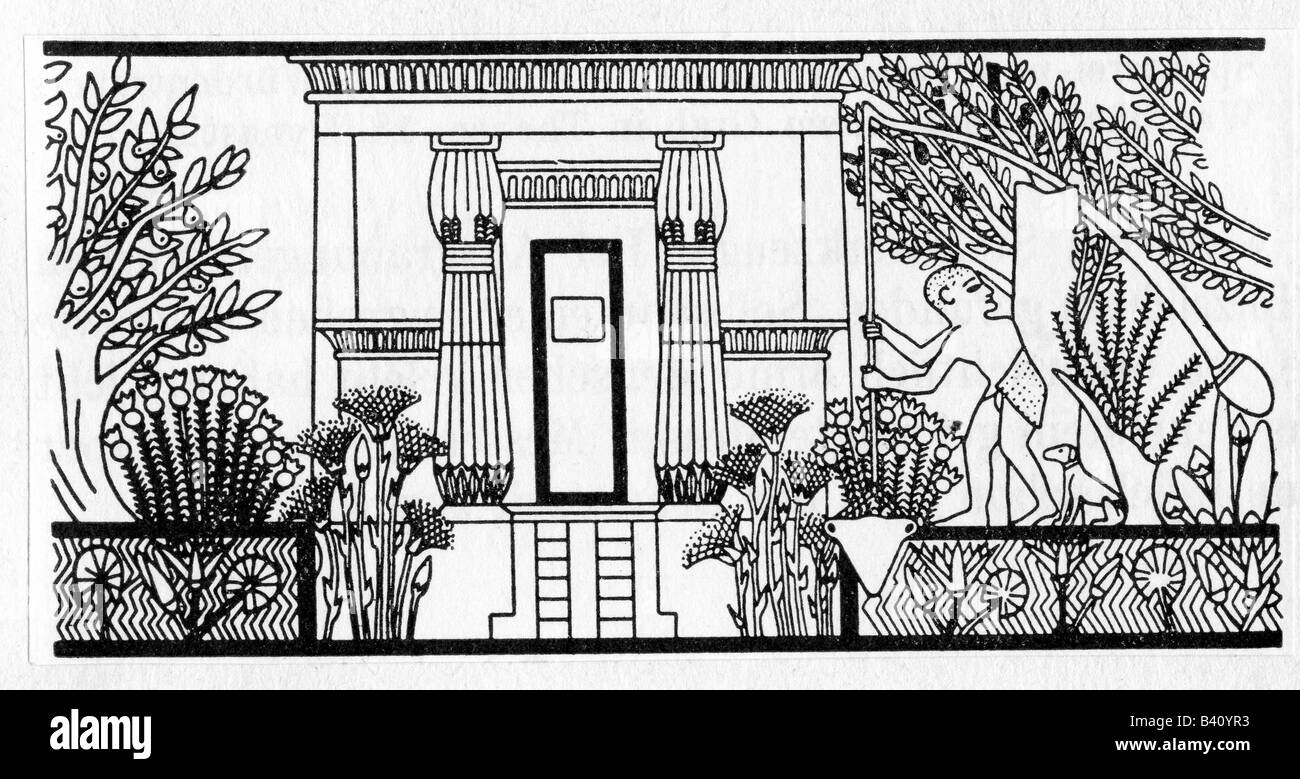 architecture, gardens, ancient world, Egypt, garden of a temple, after wallpainting from a 19th dynasty tomb (1306 - 1186 BC), shadoof, watering system, Afrika, historic, historical, ancient world, Stock Photo