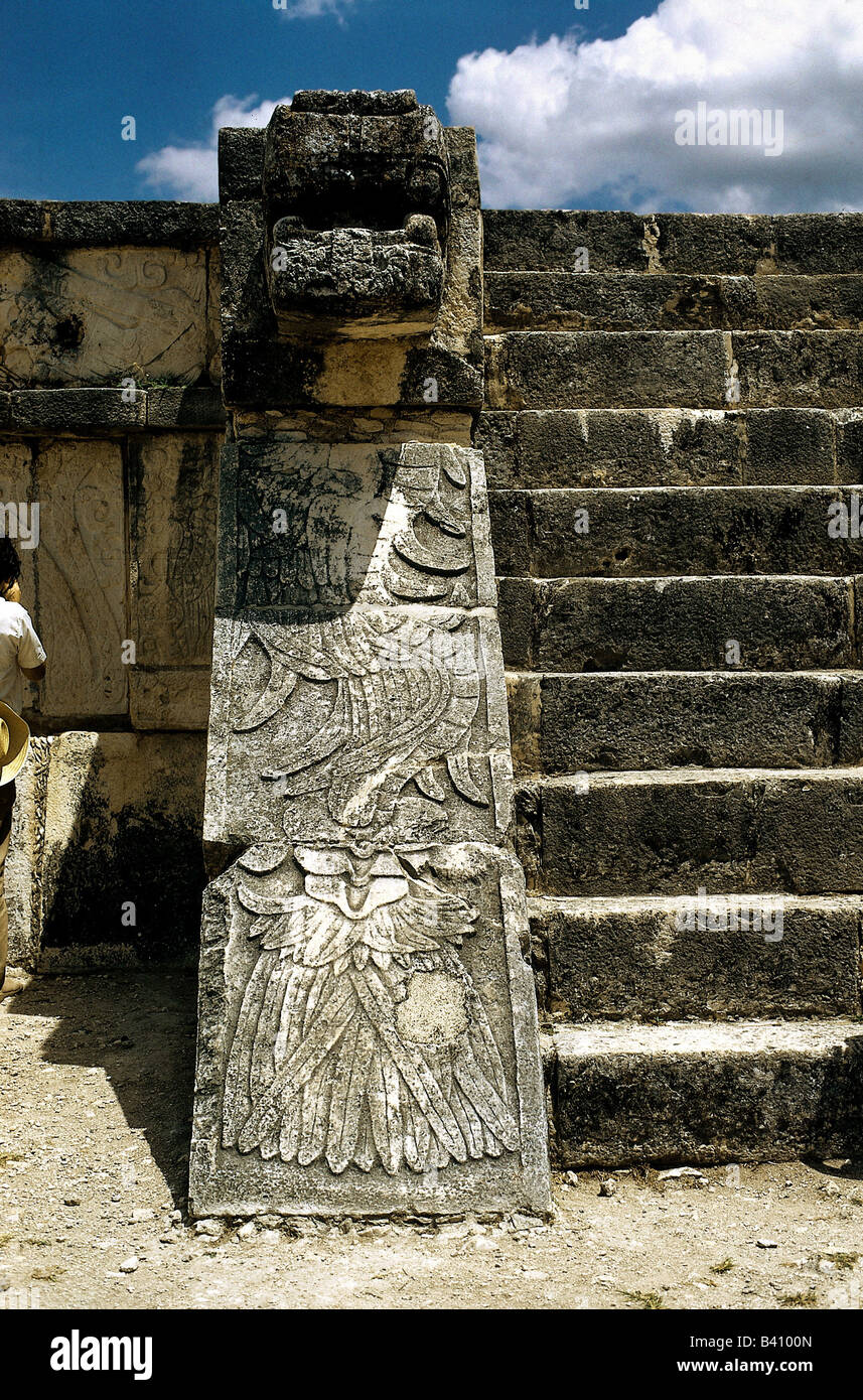 geography / travel, Mexico, Chichen Itza, Maya town, founded in 5th century AD, extended in Puuc style 7th - 10th century AD, populated by Toltecs, side support of stair with relief, architecture, America, Mayas, religion, UNESCO, World Heritage Site, Yucatan, America, central America, latin-american indians, historical, historic, ancient, fifth, seventh, tenth, latin american,  CEAM, 20th century, Stock Photo