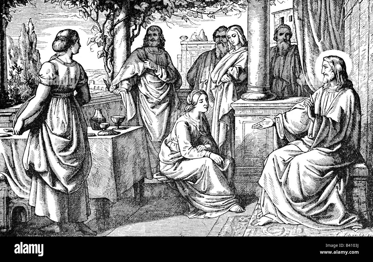 religion, biblical scenes, 'Jesus bei Maria und Martha' (Jesus with Mary and Martha), wood engraving, Germany, 19th century, Stock Photo
