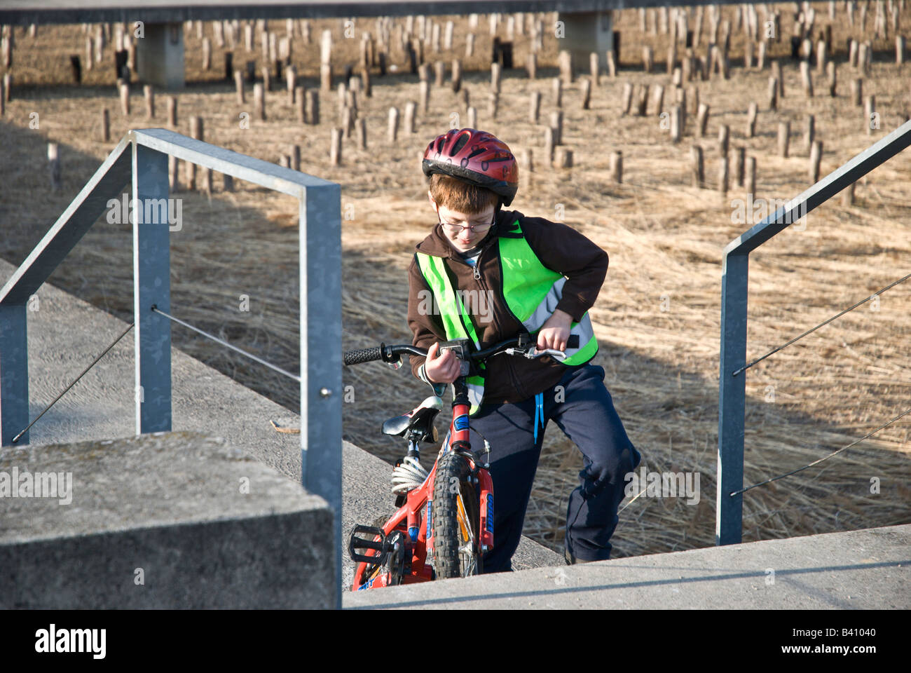 Boy carrying bicycle up a set of steps Stock Photo Alamy